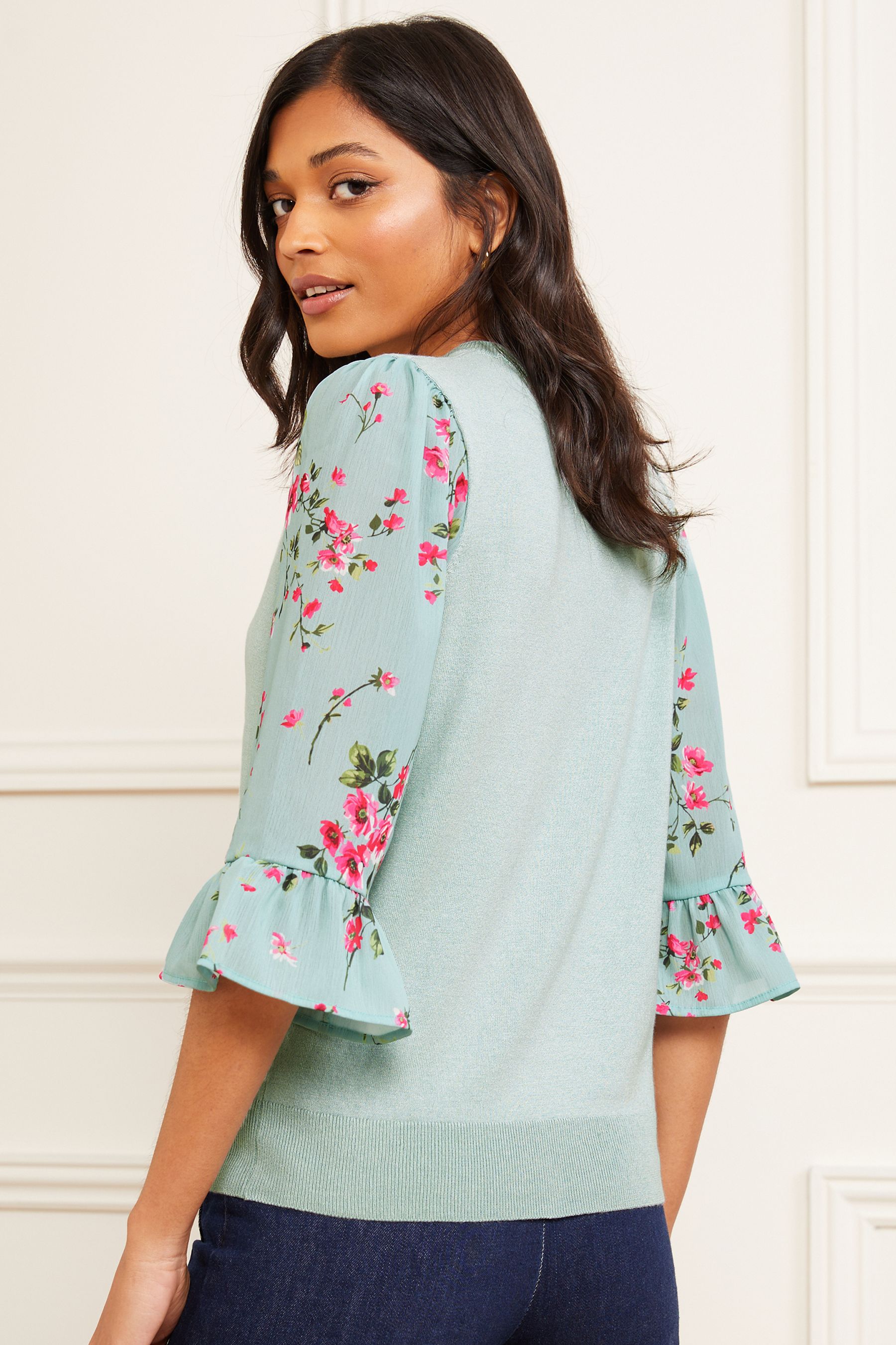 Buy Love Roses Blue Floral Petite Floral Flute Sleeve Crew Neck Jumper from Next Luxembourg