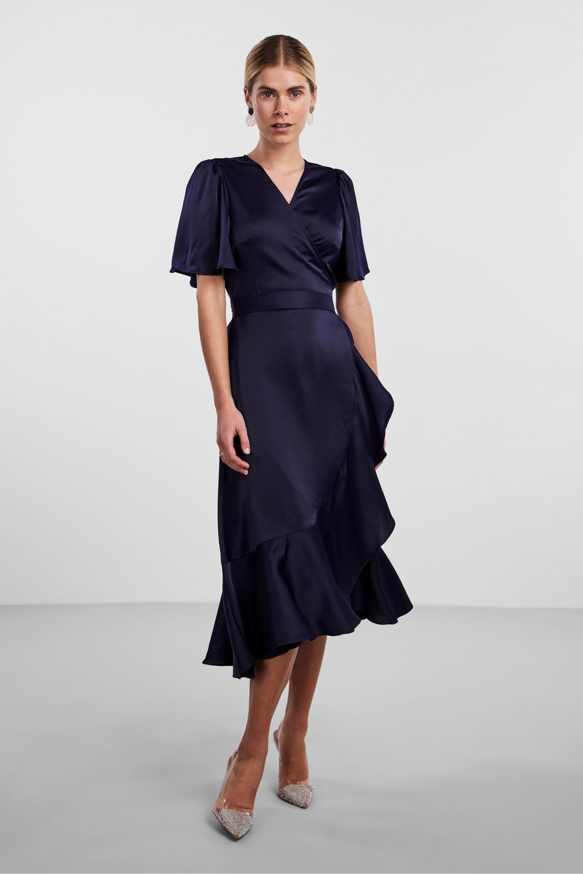 Y.A.S Navy Satin Short Sleeve Wrap & Ruffle Midi Occasion Dress - Image 1 of 5