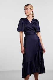 Y.A.S Navy Satin Short Sleeve Wrap & Ruffle Midi Occasion Dress - Image 2 of 5