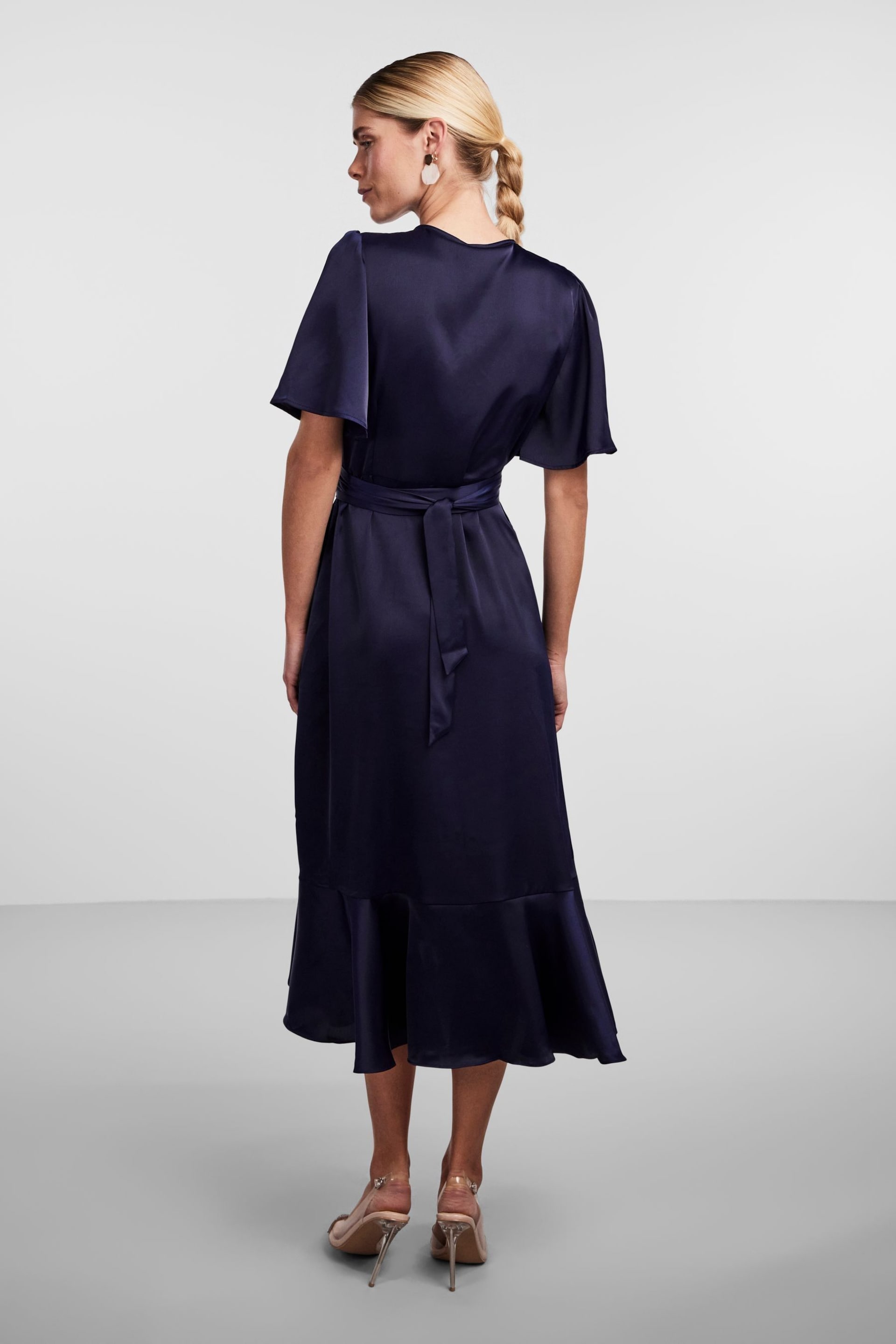 Y.A.S Navy Satin Short Sleeve Wrap & Ruffle Midi Occasion Dress - Image 3 of 5