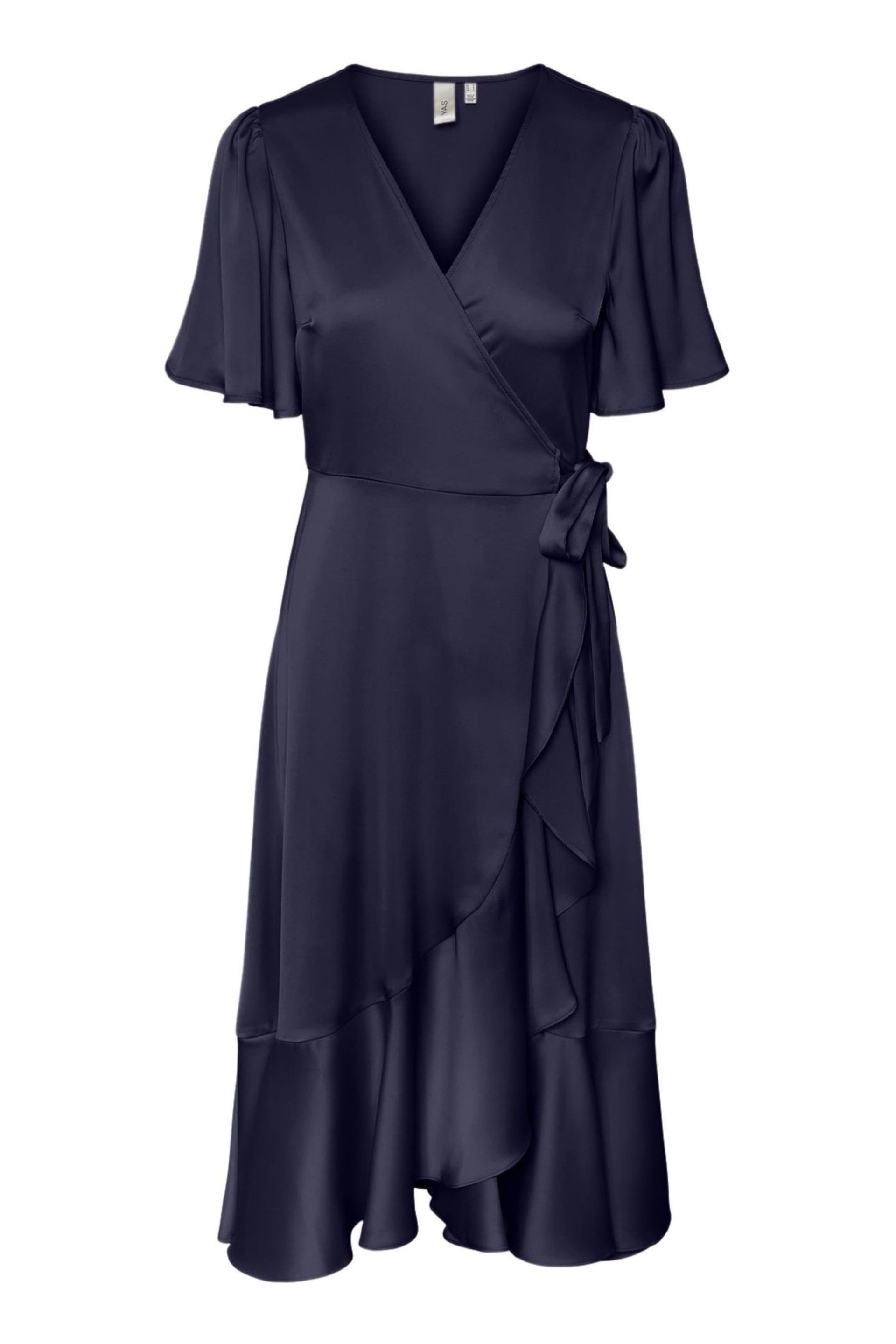 Y.A.S Navy Satin Short Sleeve Wrap & Ruffle Midi Occasion Dress - Image 5 of 5