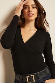 Friends Like These Black Knitted V Neck Long Sleeve Wrap Top - Image 2 of 4