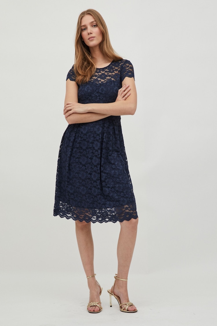 VILA Navy Blue Short Sleeve Lace Pleated Occasion Dress - Image 2 of 5