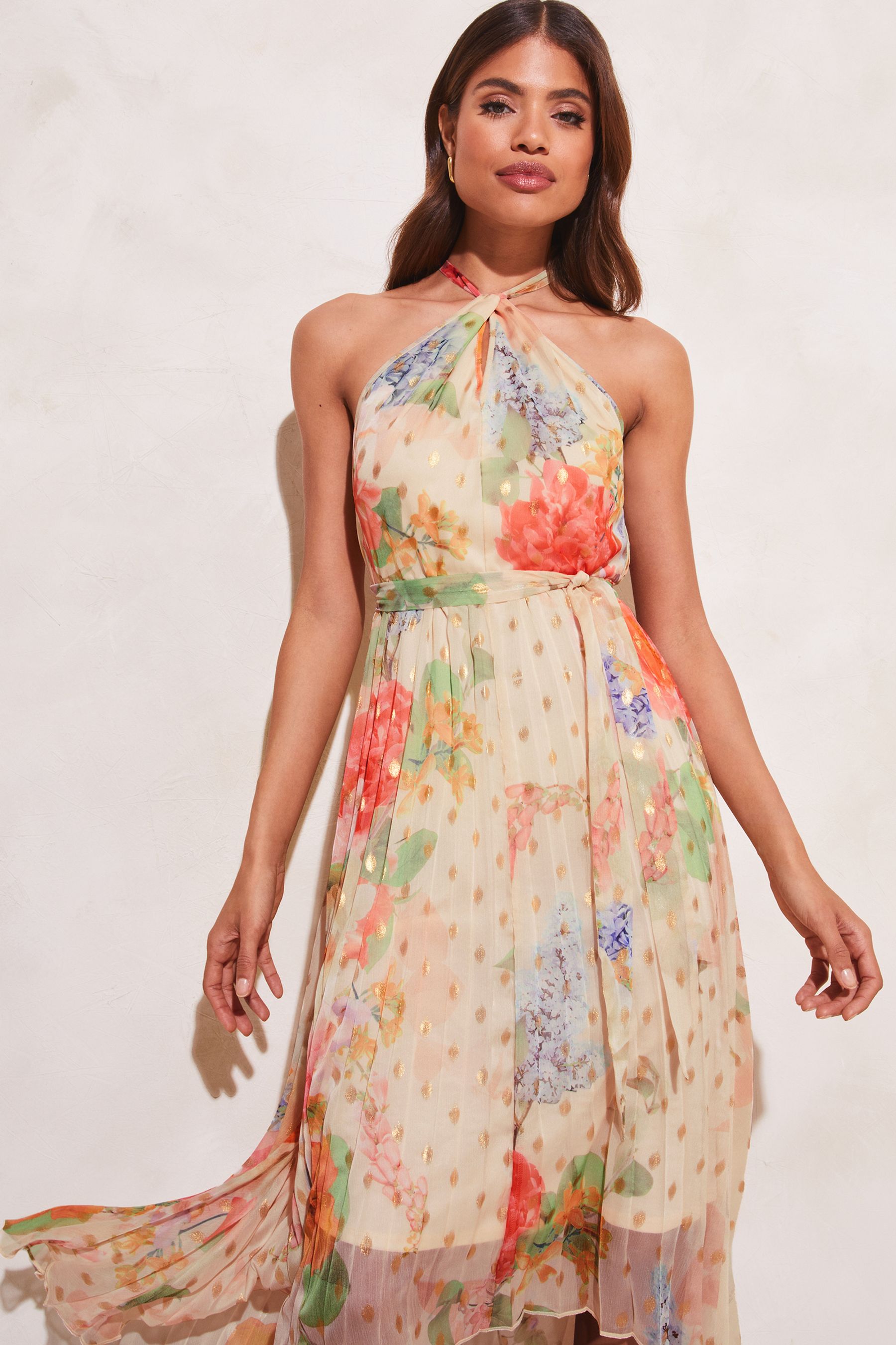 Buy Lipsy Cream Petite Halterneck Pleated Belted Midi Dress from Next Luxembourg
