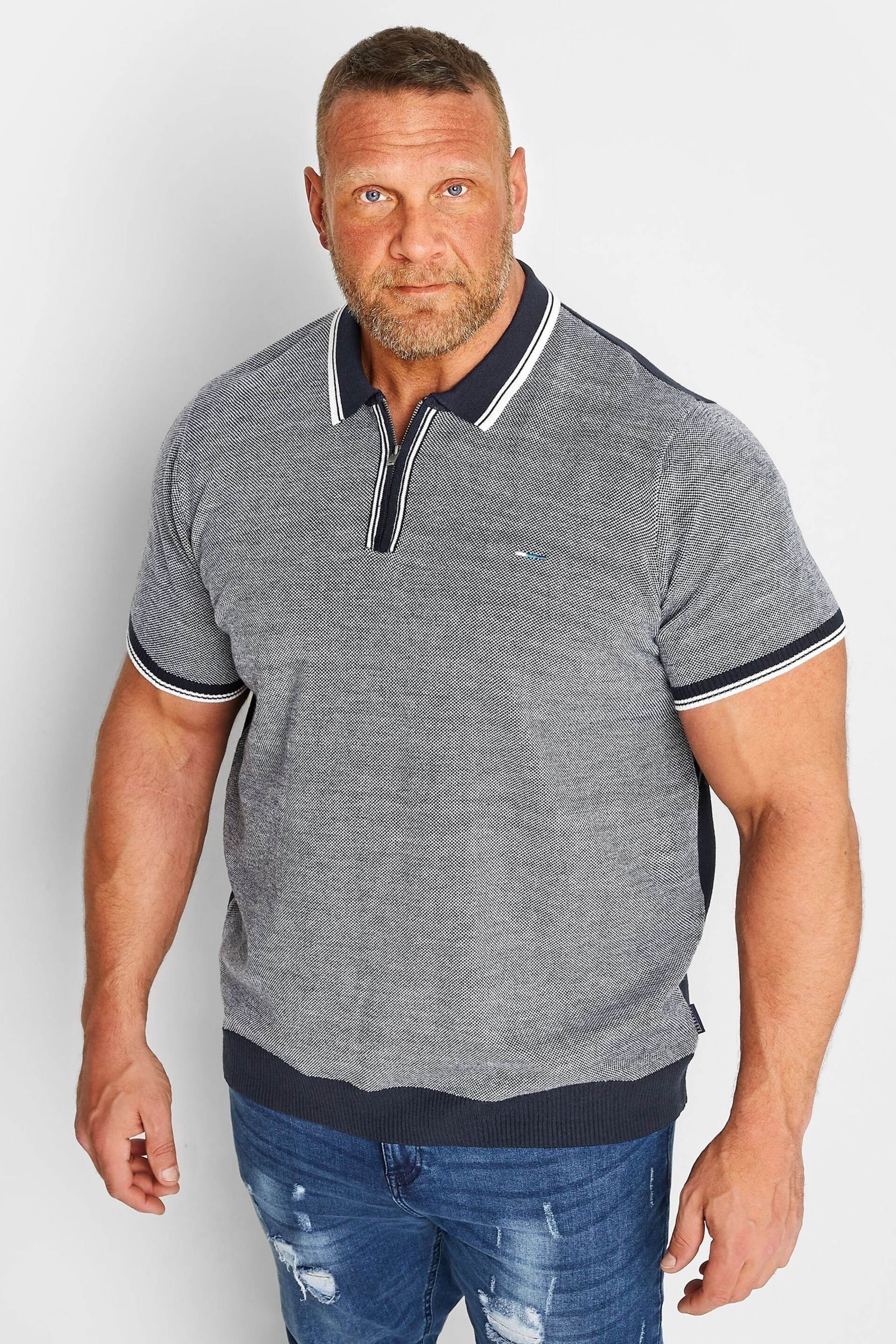BadRhino Big & Tall Blue Knitted Zip Polo Shirt - Image 1 of 3