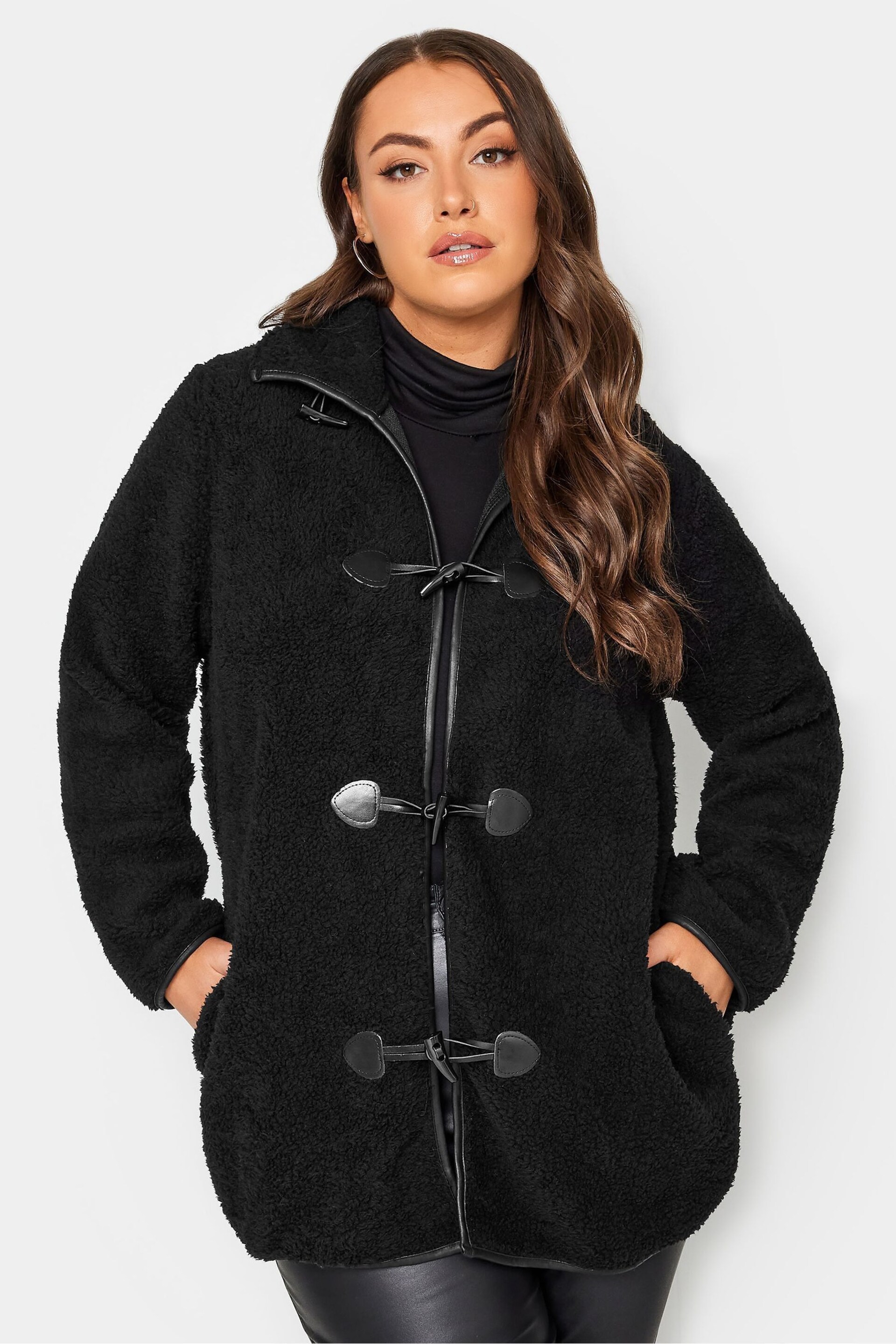 Yours Curve Black Luxury Faux Fur Toggle Jacket - Image 1 of 4