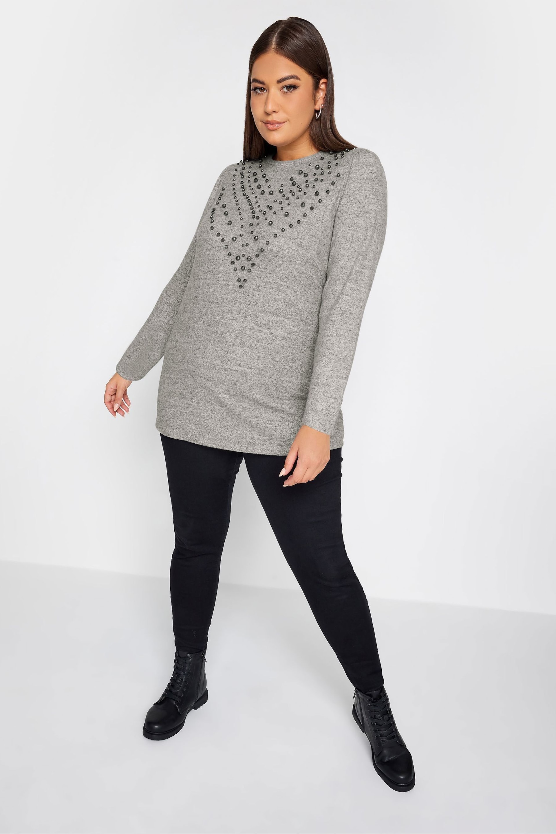 Yours Curve Grey Embellished Soft Touch Jumper - Image 2 of 5