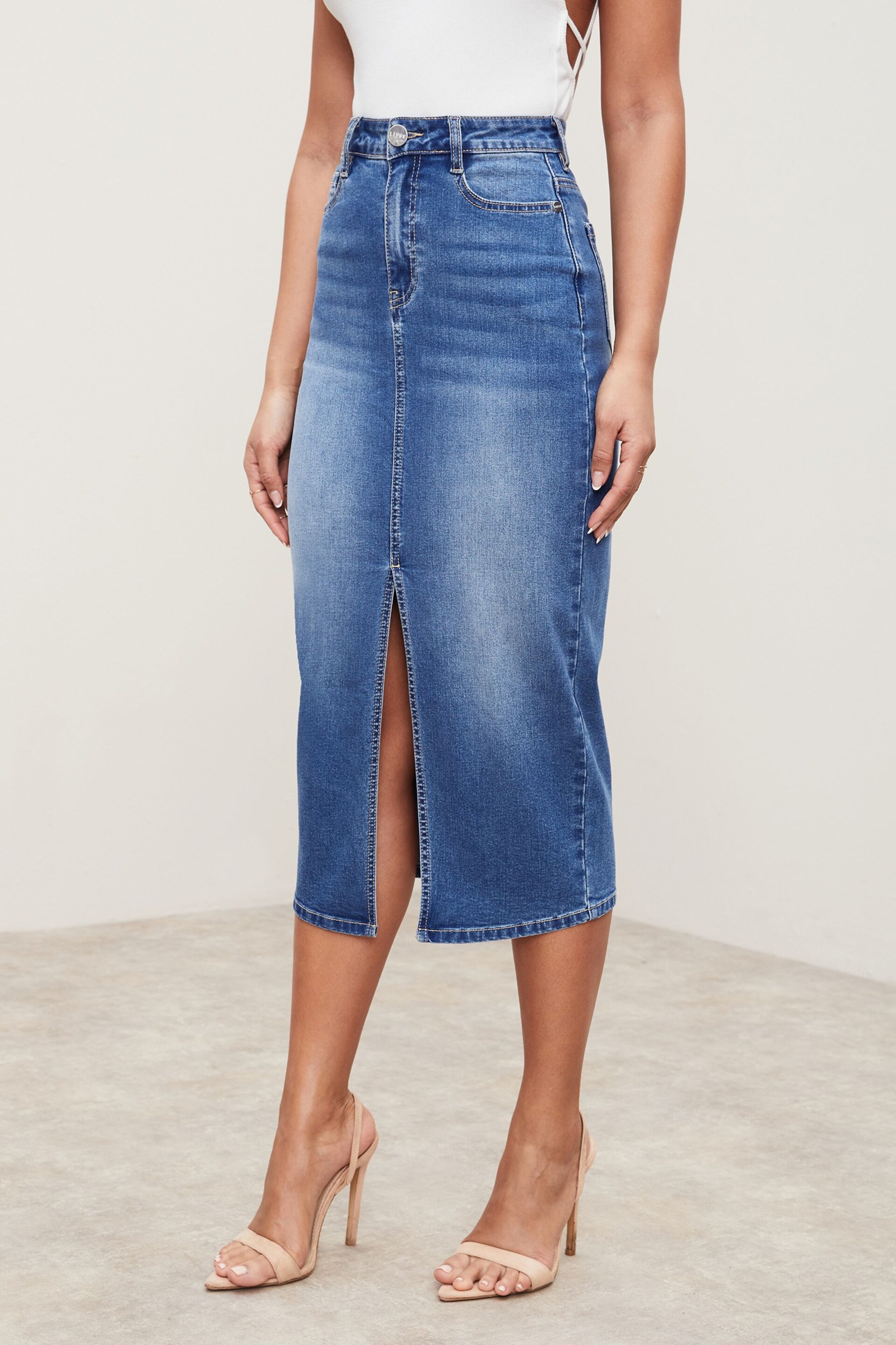 Lipsy Blue Petite Denim High Rise Split Front Midi Skirt - Image 4 of 4