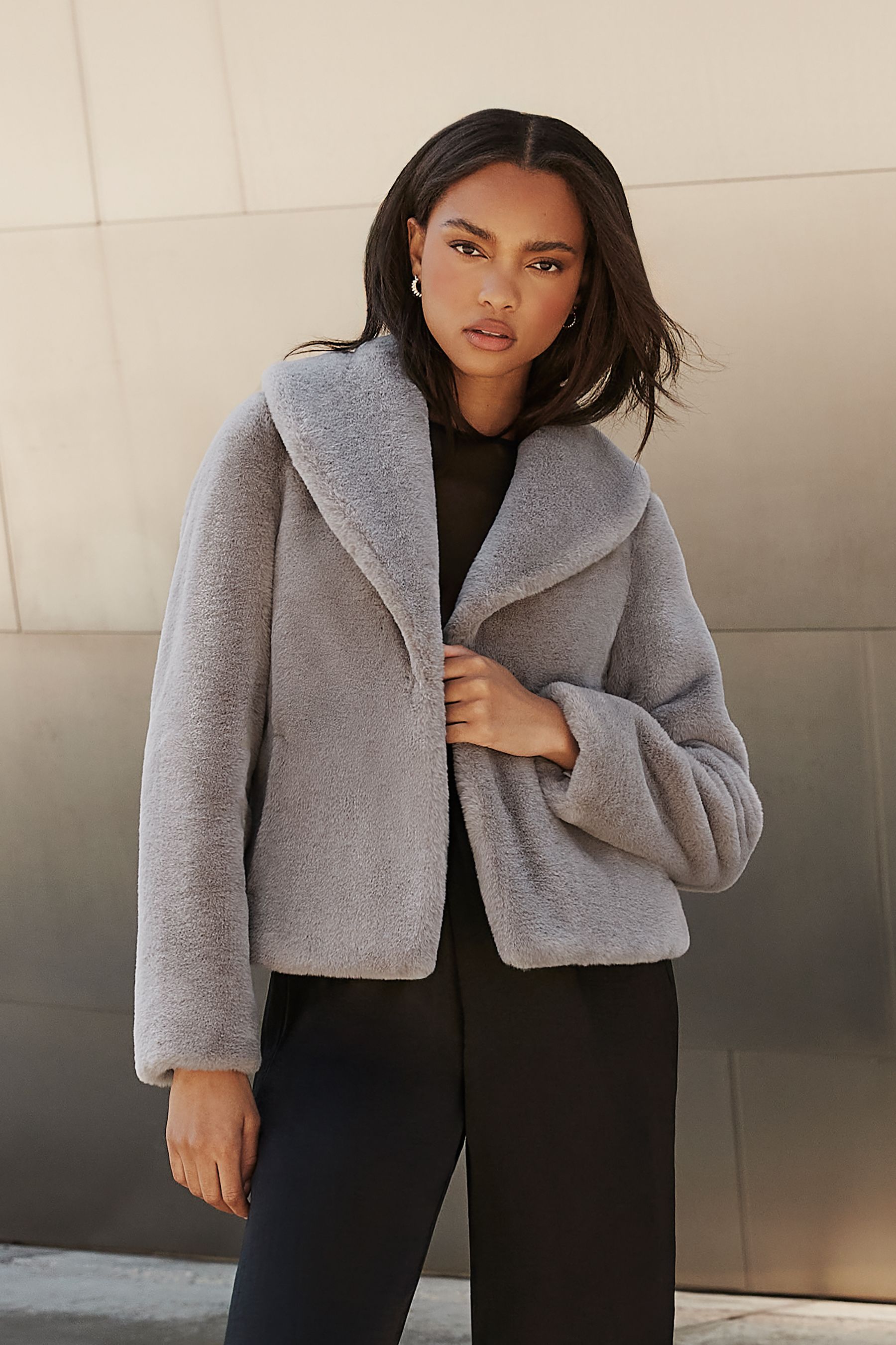 Buy Lipsy Grey Shawl Oversize Collar Plush Faux Fur Coat from Next Luxembourg