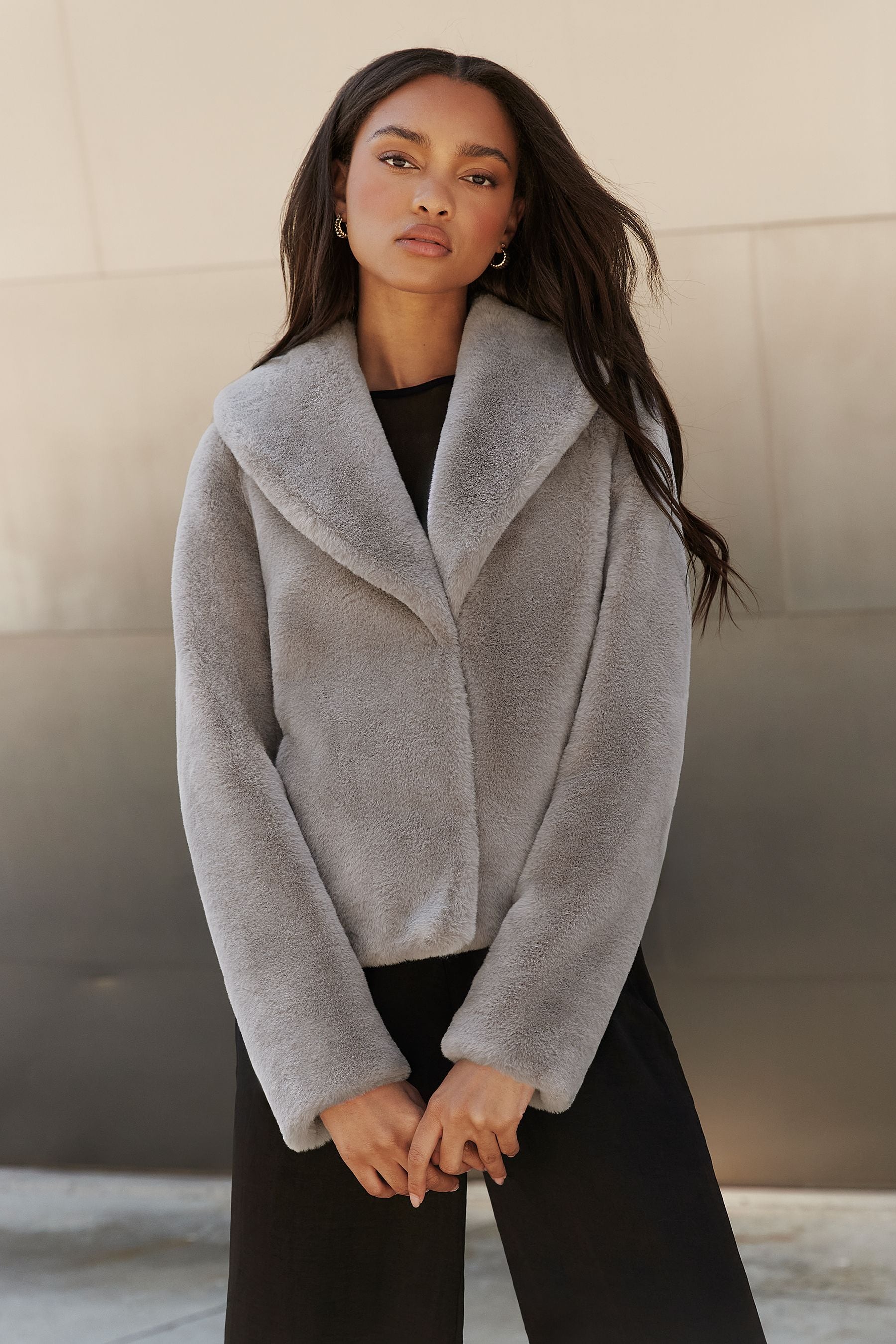 Buy Lipsy Grey Shawl Oversize Collar Plush Faux Fur Coat from Next Luxembourg
