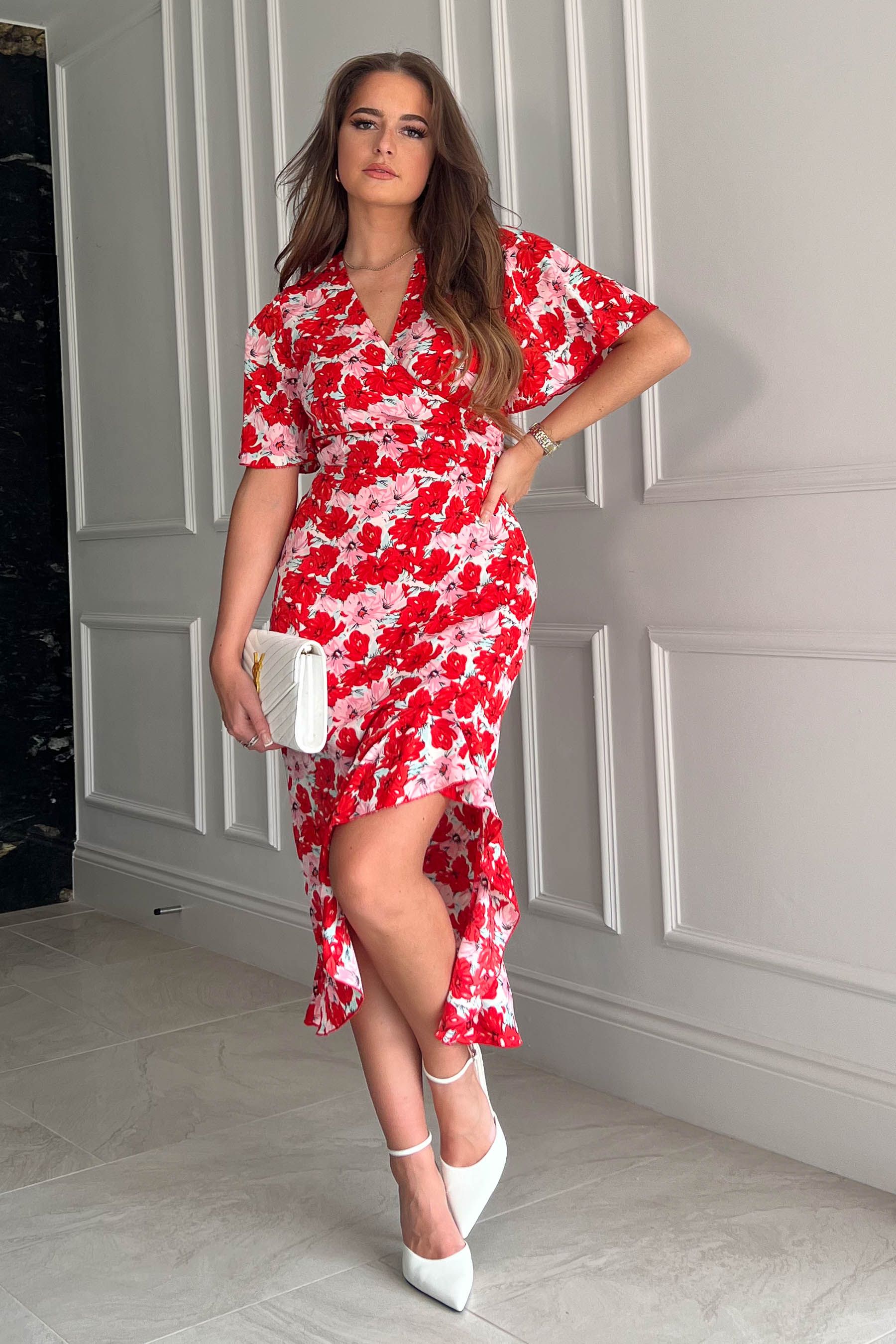 Buy Girl In Mind Pink Floral Vanessa Angel Sleeve Frill Skirt Wrap Midi Dress from Next Luxembourg