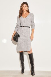 Lipsy Grey Petite V Neck Cable Knit Jumper Dress - Image 1 of 4