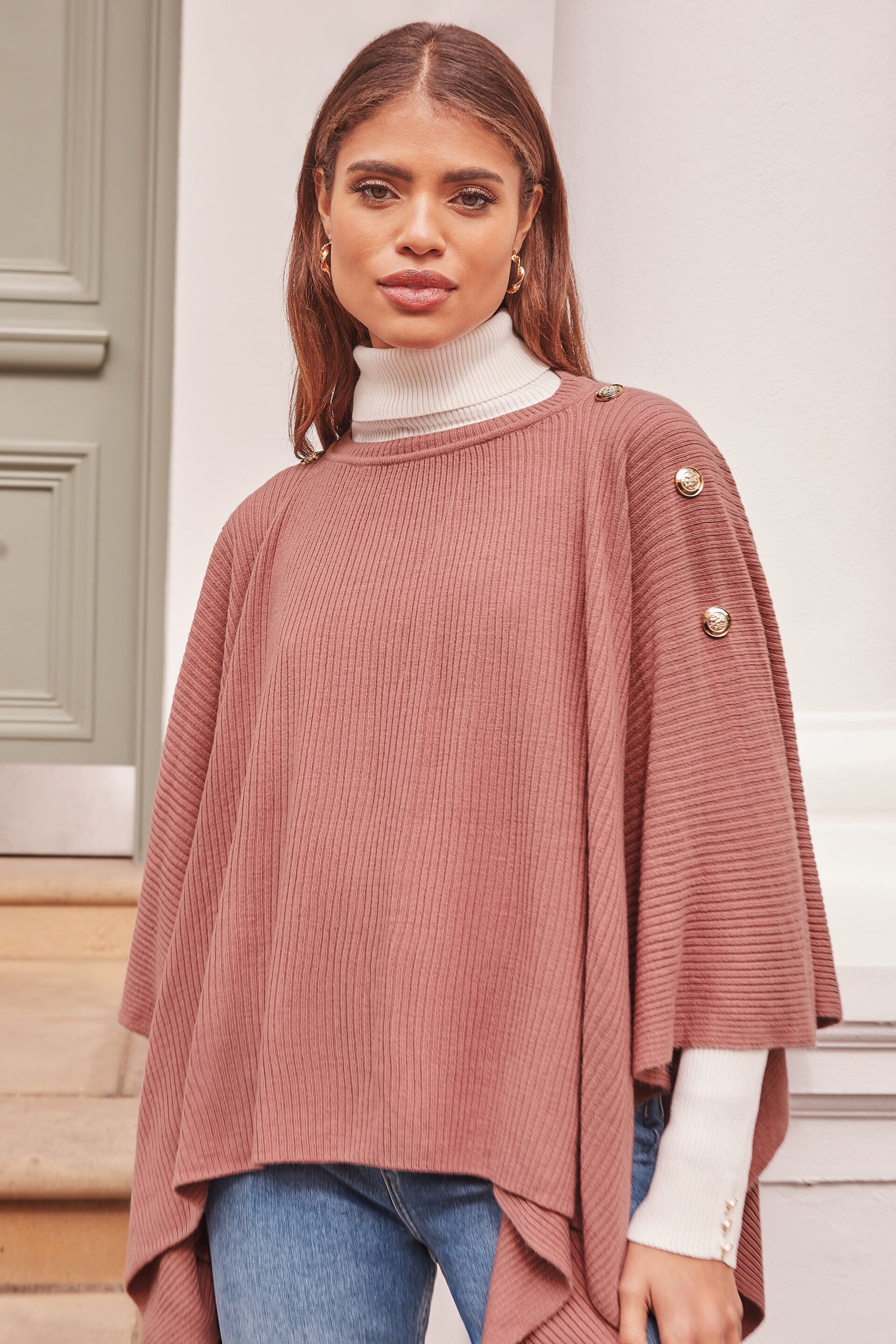 Lipsy Pink Military Button Shoulder Knit Poncho - Image 1 of 3