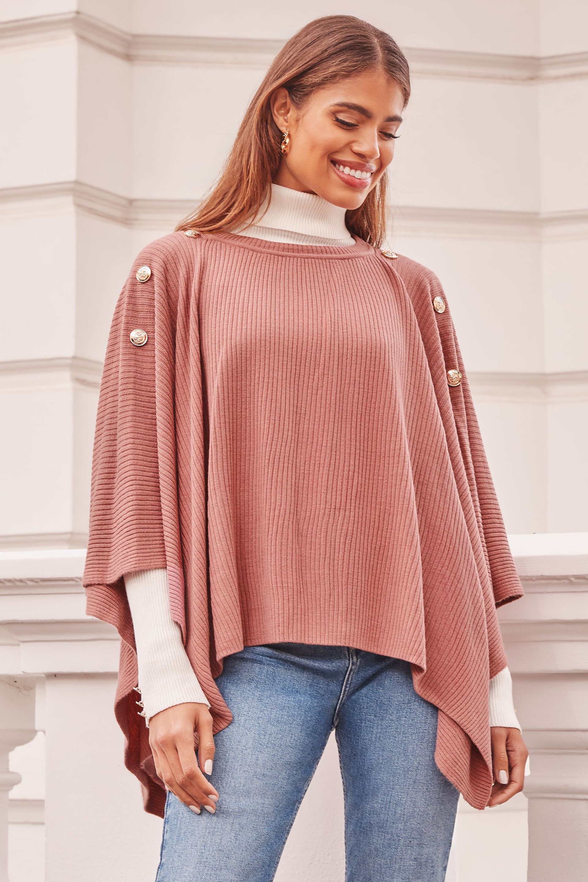 Lipsy Pink Military Button Shoulder Knit Poncho - Image 2 of 3