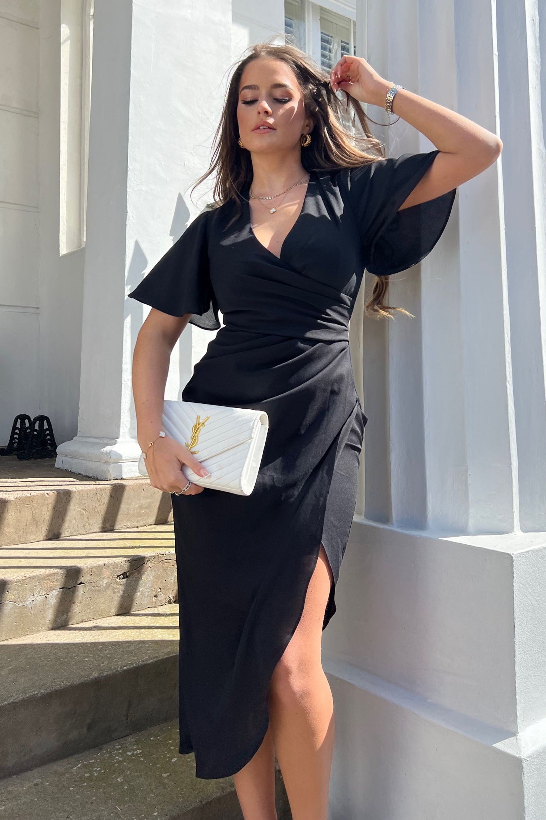 Black wrap midi dress with sleeves top