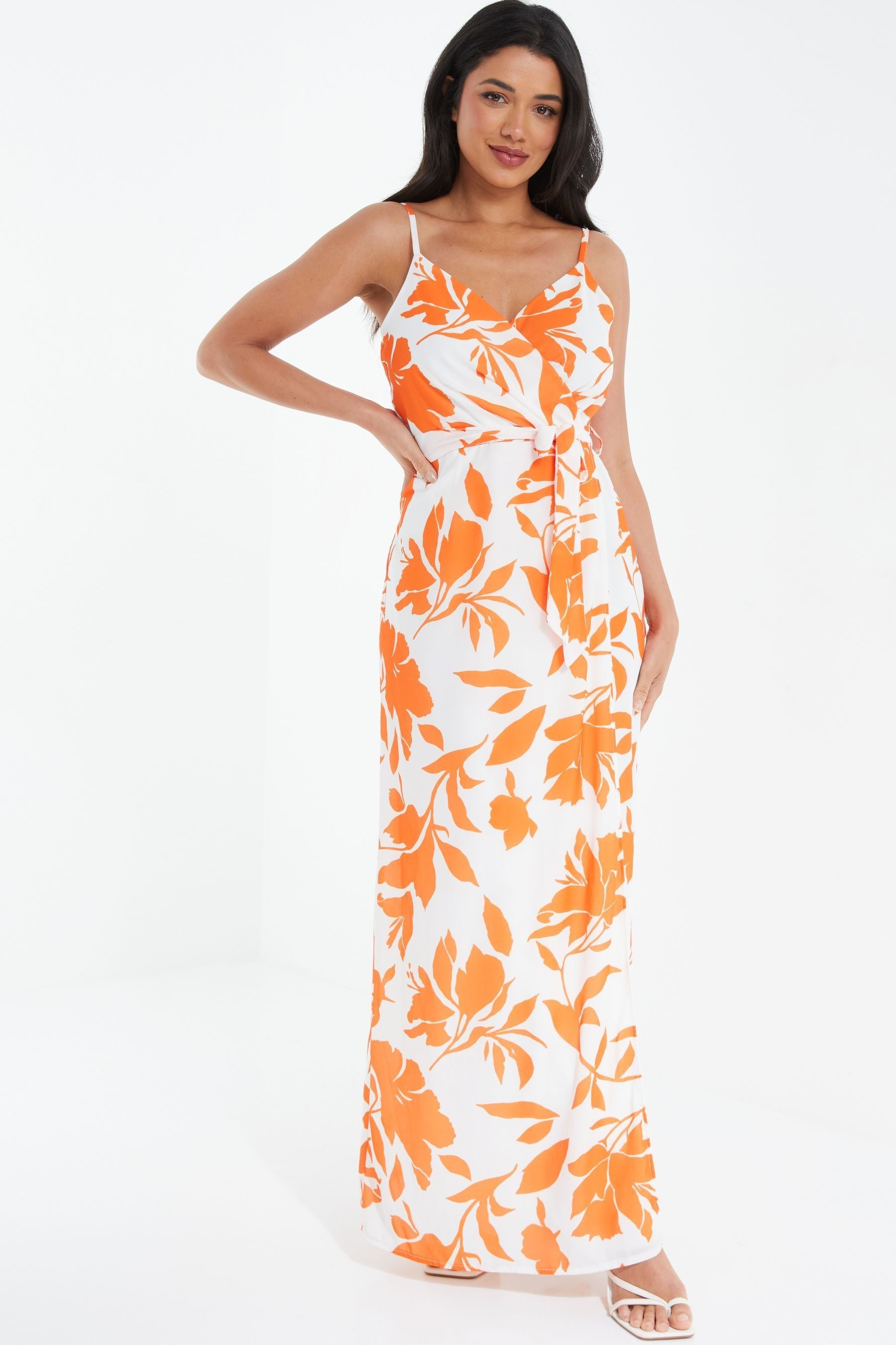 Buy Quiz Orange White Chiffon Strappy Maxi Dress With Slit from Next Ireland