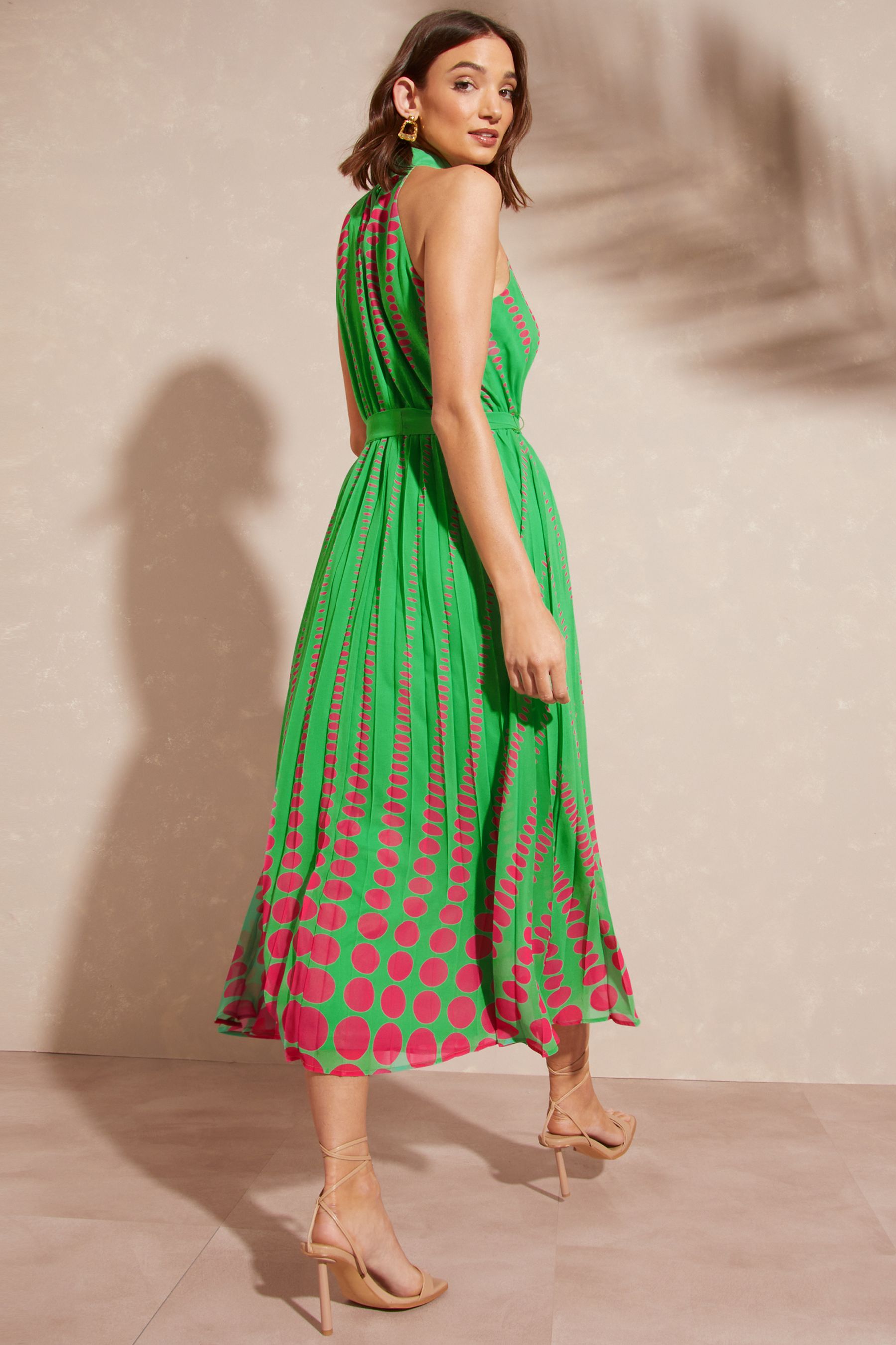 Buy Love Roses Green and Pink Spot Printed Halter Pleated Belted Midi Dress from Next Luxembourg