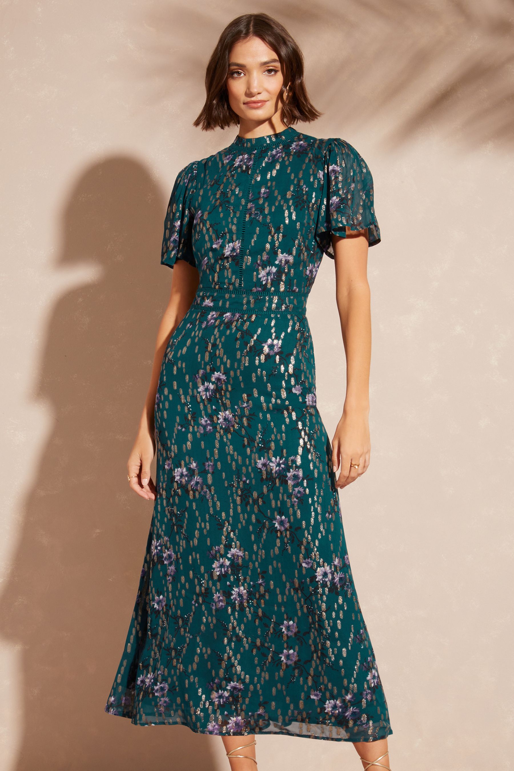 Buy Love Roses Teal Floral Metallic Printed High Neck Flutter Sleeve Midi Dress from Next Luxembourg