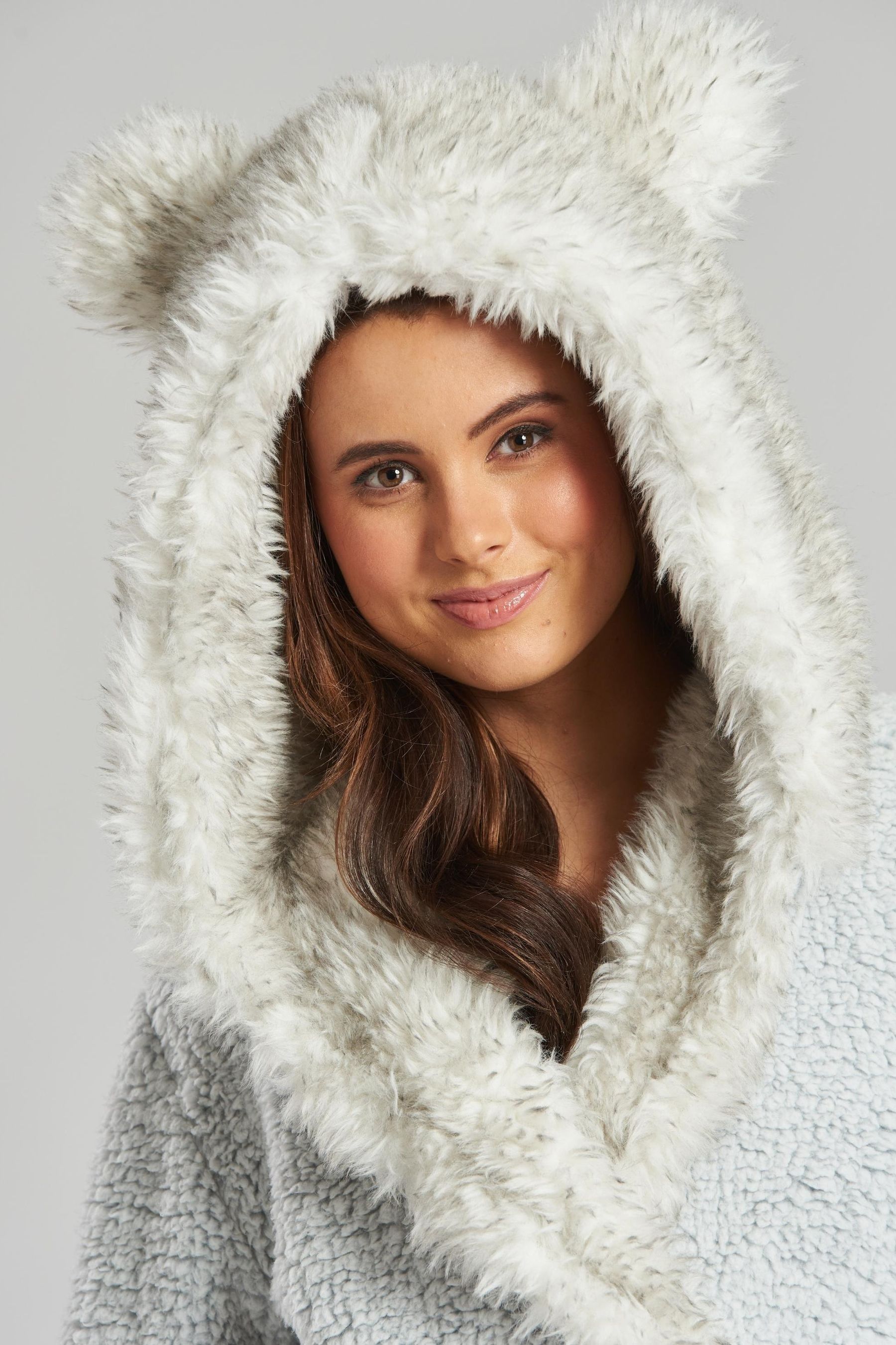 Buy Loungeable Grey Tipped Faux Fur Hood Borg Robe from Next Luxembourg