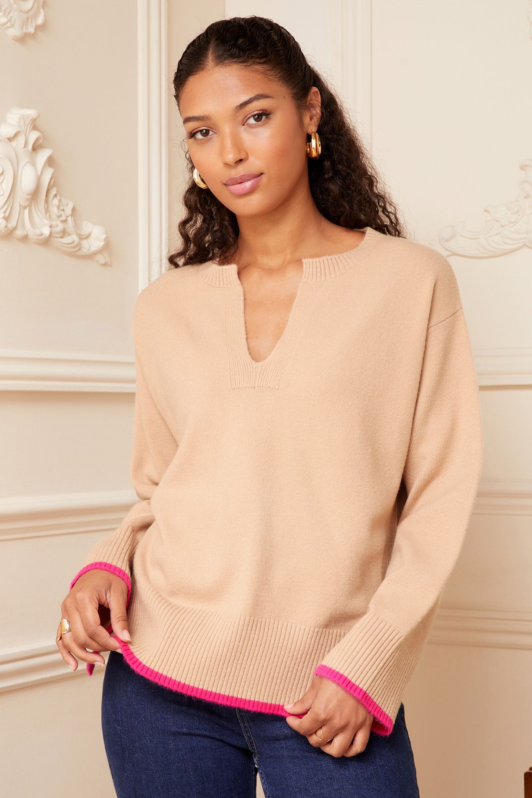 Camel v neck jumper womens deals