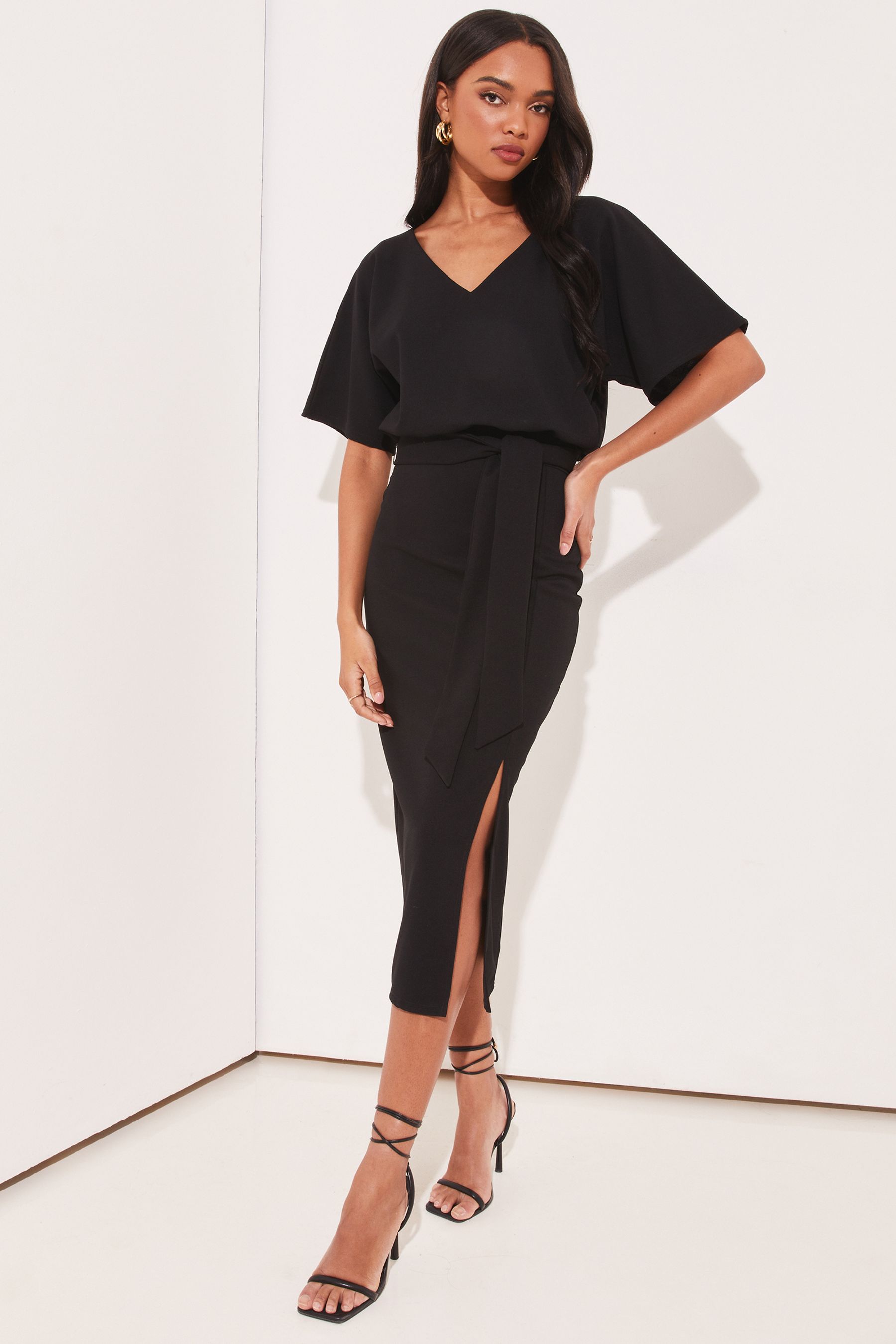 Buy Lipsy Black Petite V Neck Flutter Sleeve Belted Midi Dress from Next Luxembourg