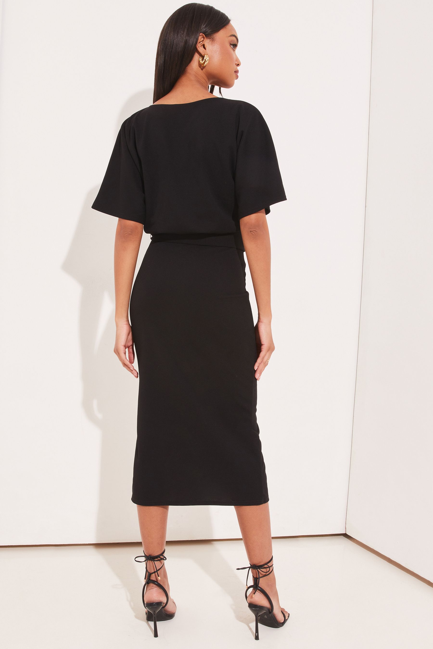 Buy Lipsy Black Petite V Neck Flutter Sleeve Belted Midi Dress from Next United Arab Emirates