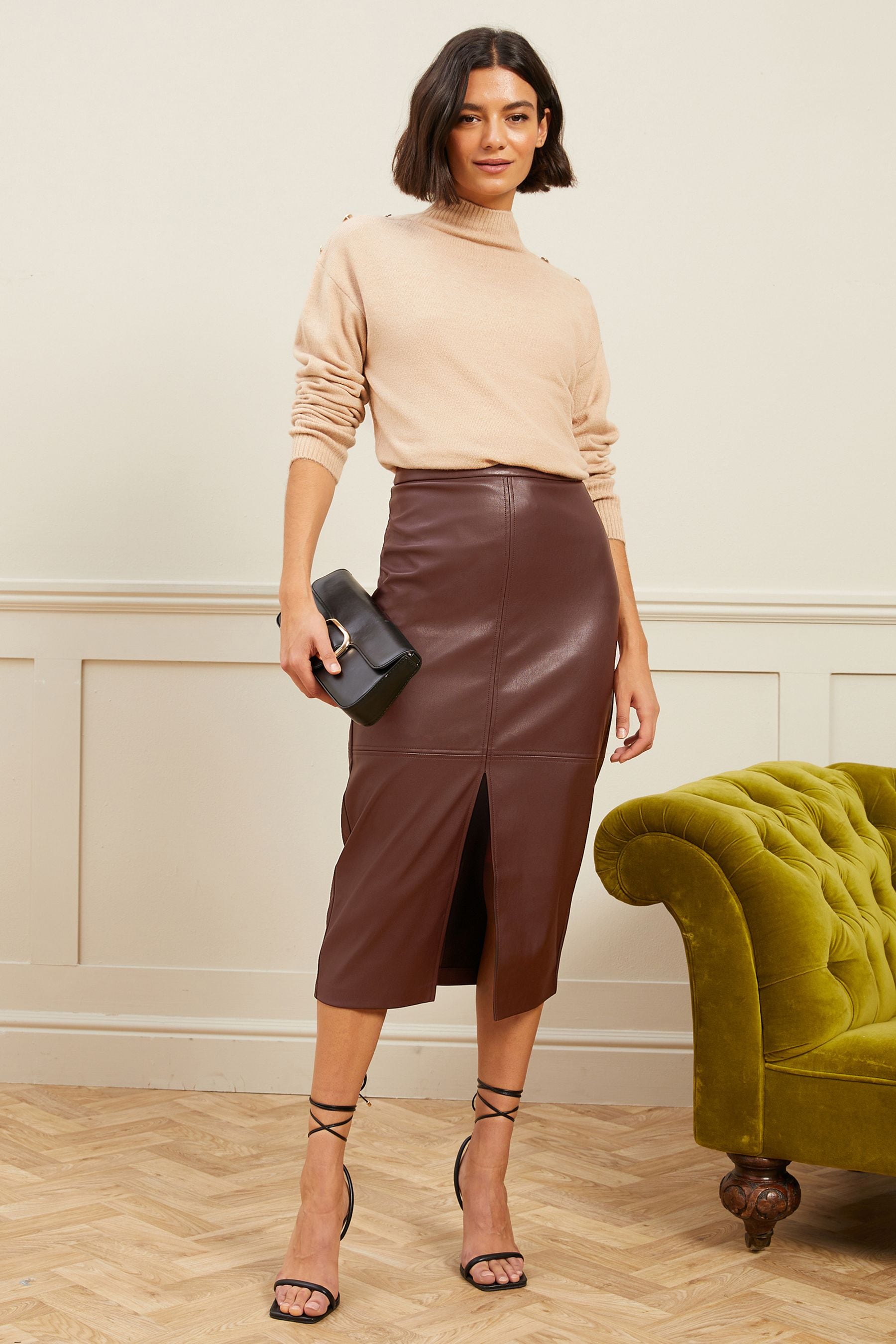 Leather midi skirt with front split cheap