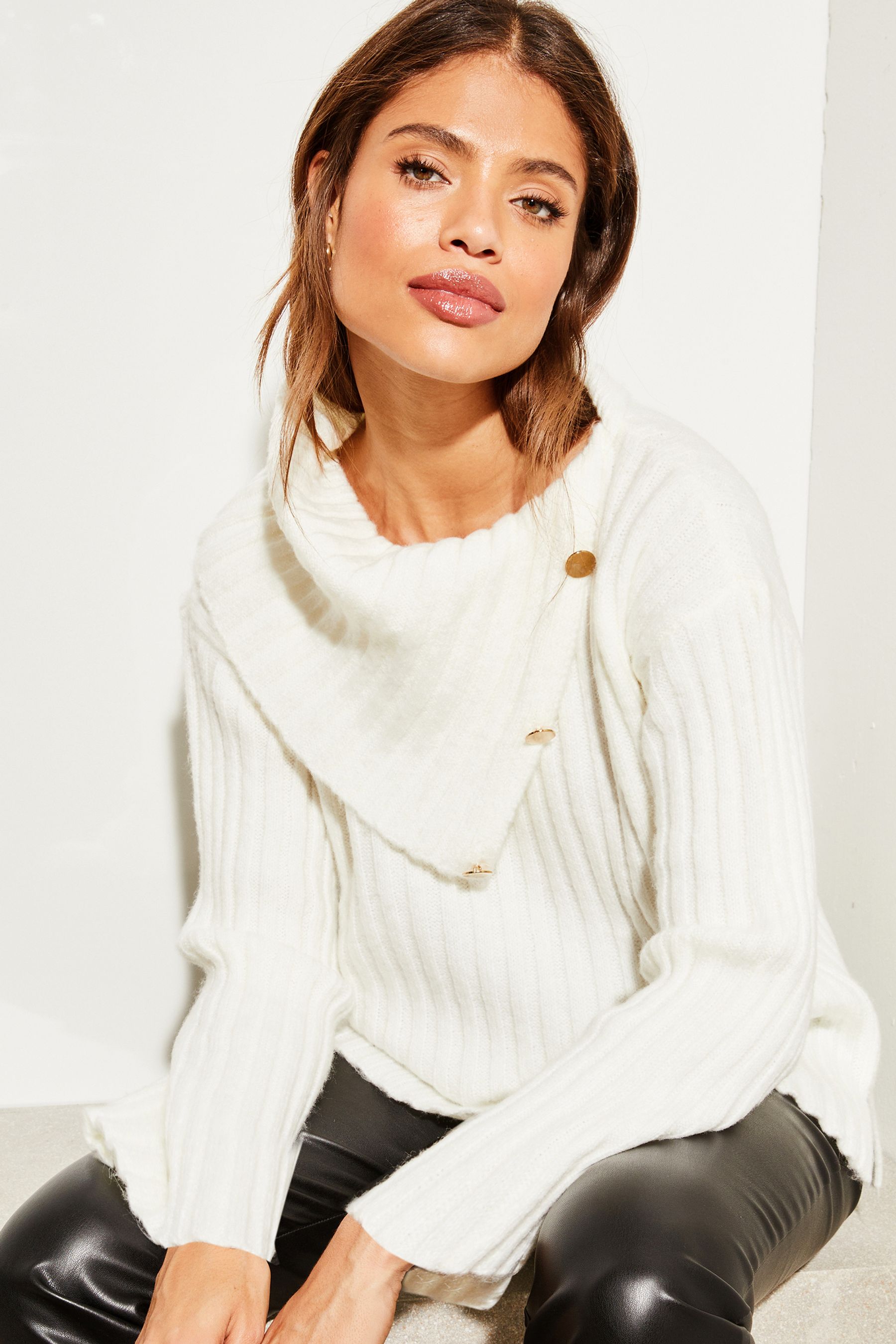 Buy Lipsy Ivory White Knitted Envelope Neck Hardware Jumper from Next Luxembourg