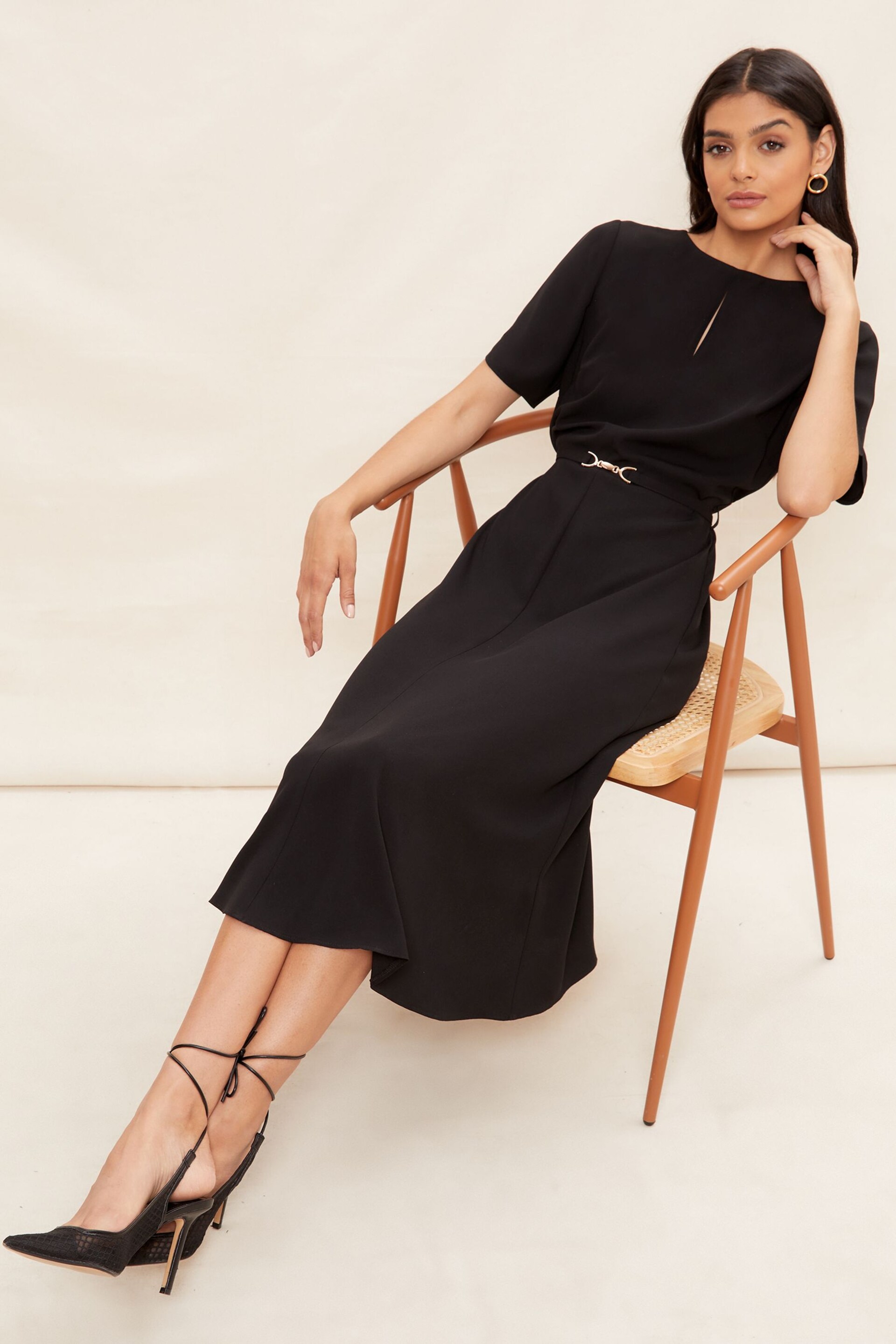 Friends Like These Black Petite Tulip Sleeve Belted Flute Hem Midi Dress - Image 3 of 4