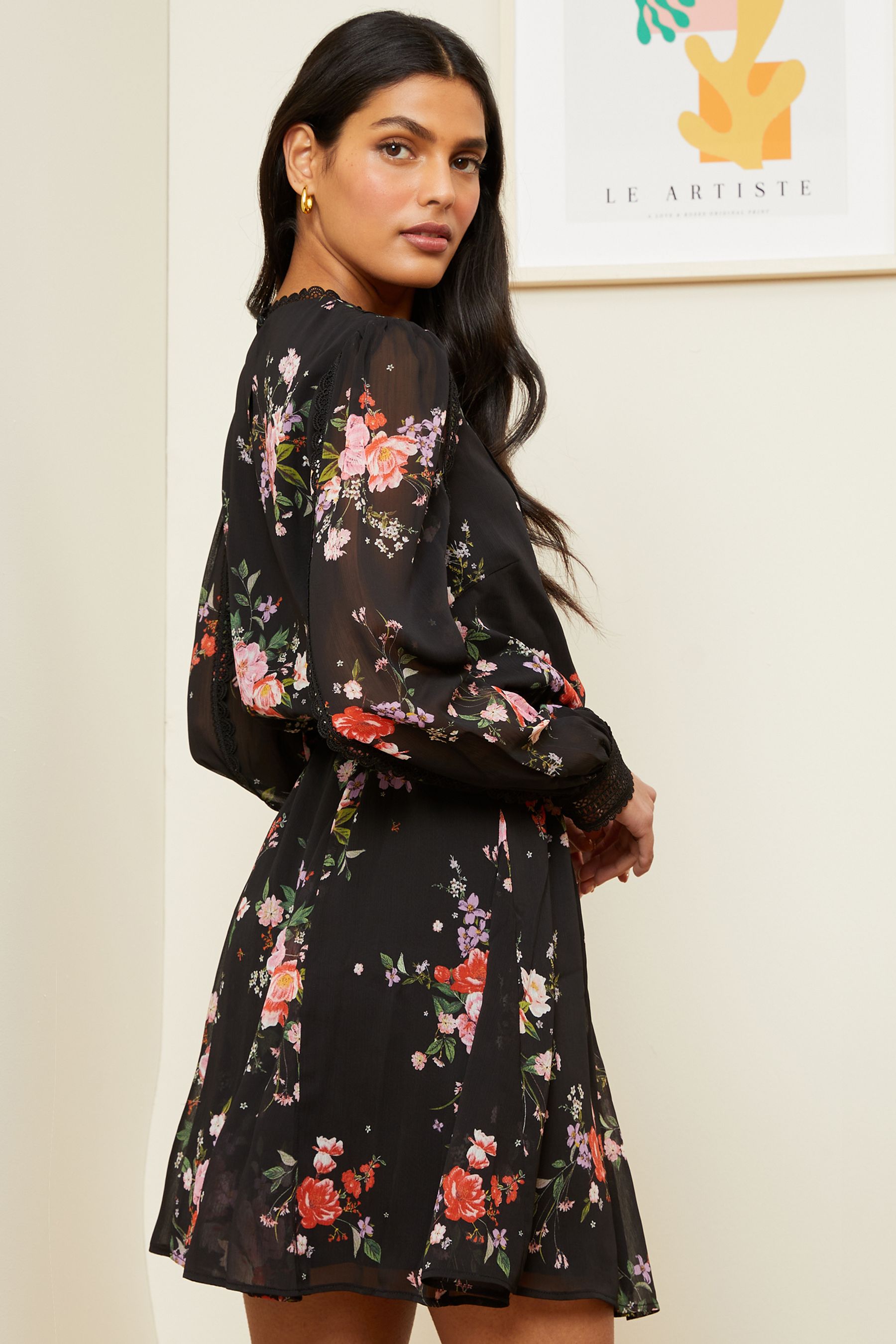 Buy Love Roses Black Floral Printed Pintuck Lace Detail Belted Mini Dress from Next Luxembourg