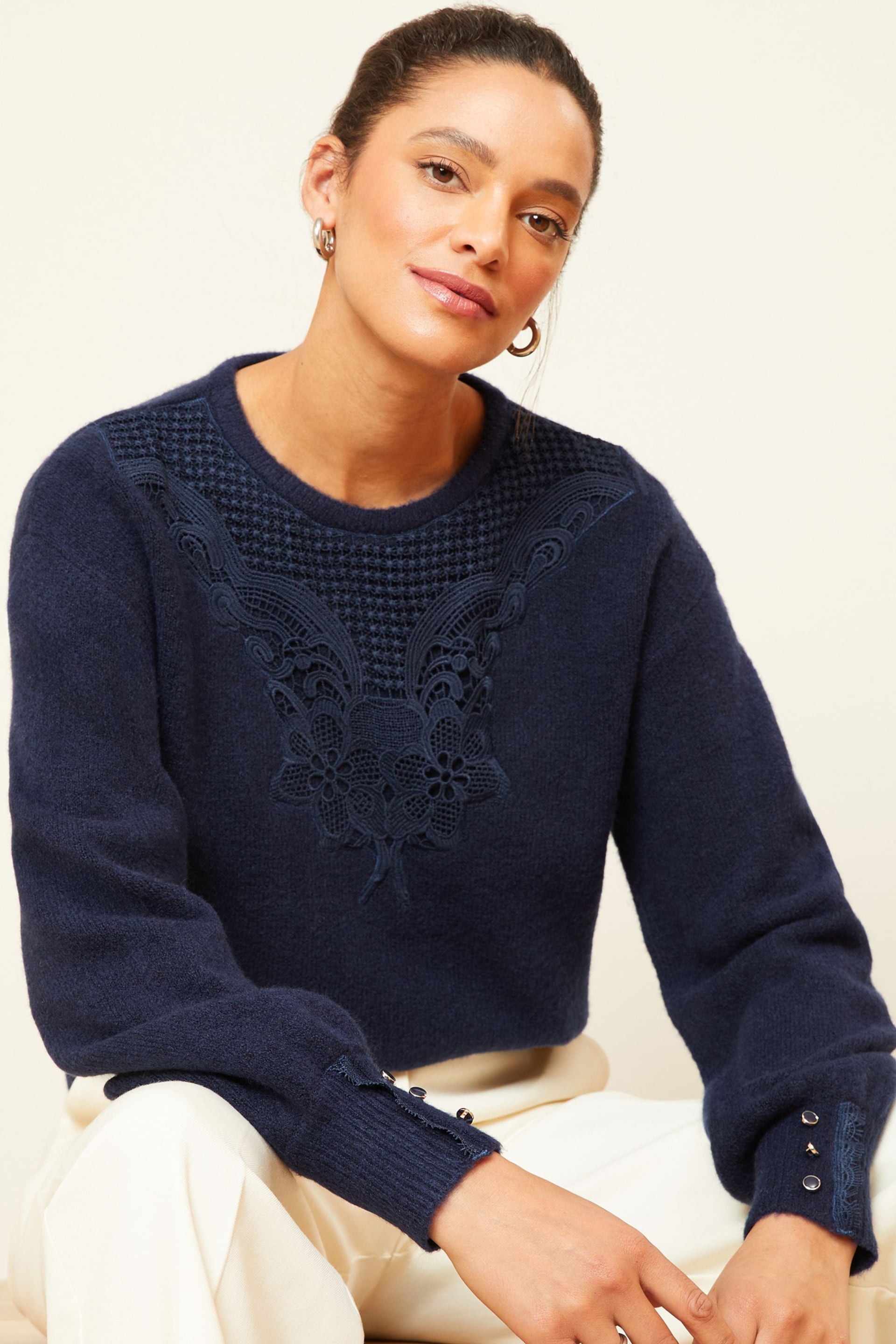 Love & Roses Navy Blue Lace Insert Crew Neck Jumper - Image 1 of 4