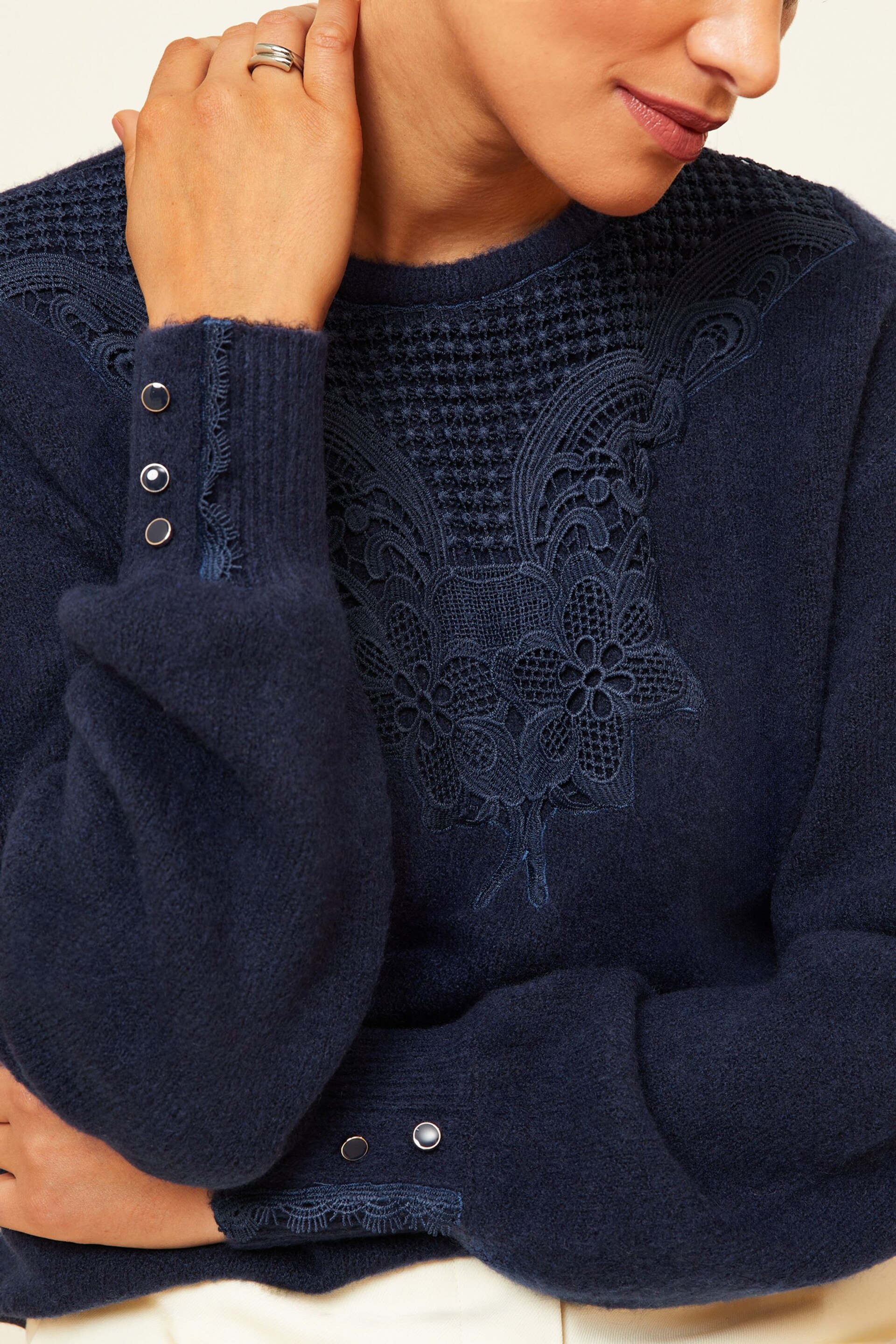 Love & Roses Navy Blue Lace Insert Crew Neck Jumper - Image 2 of 4
