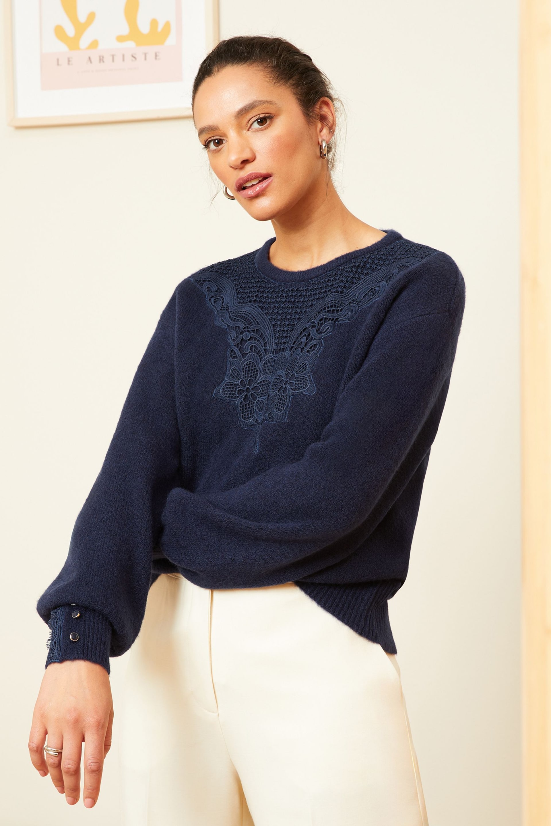 Love & Roses Navy Blue Lace Insert Crew Neck Jumper - Image 4 of 4