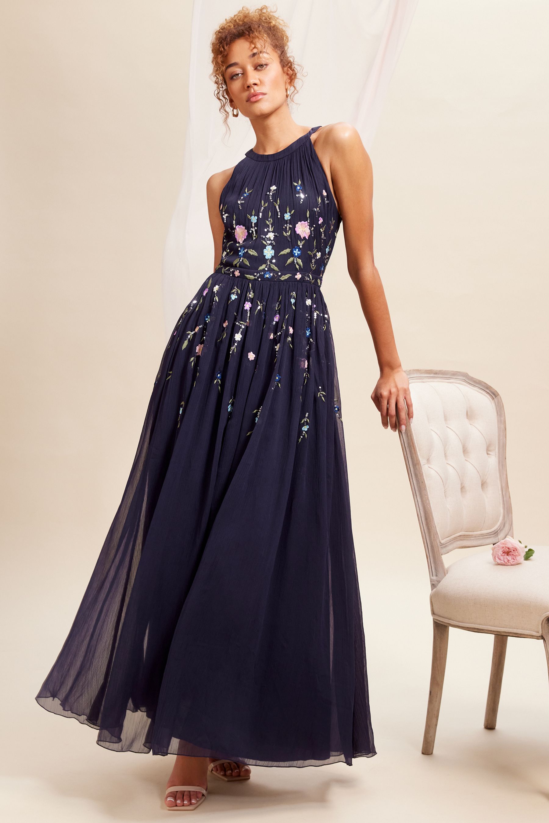 Buy Love Roses Navy Blue Embellished Chiffon Halter Maxi Dress from the Next UK online shop