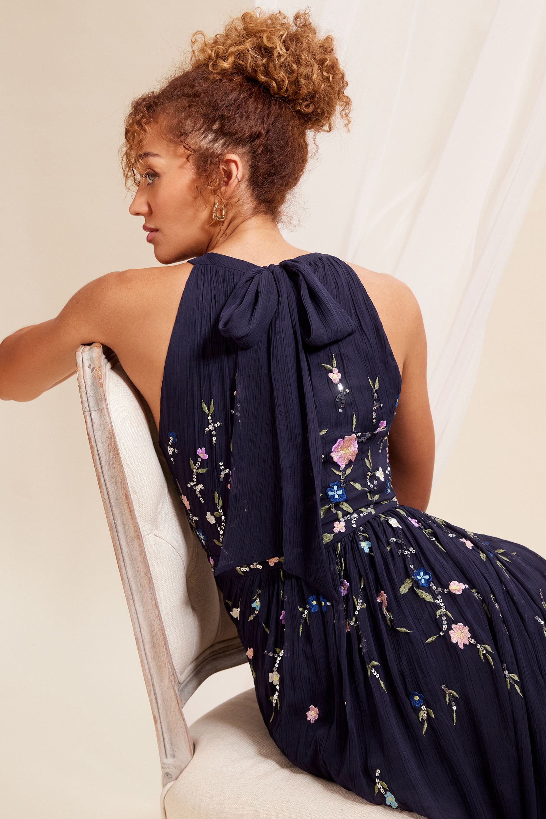 Buy Love Roses Navy Blue Embellished Chiffon Halter Maxi Dress from Next Luxembourg