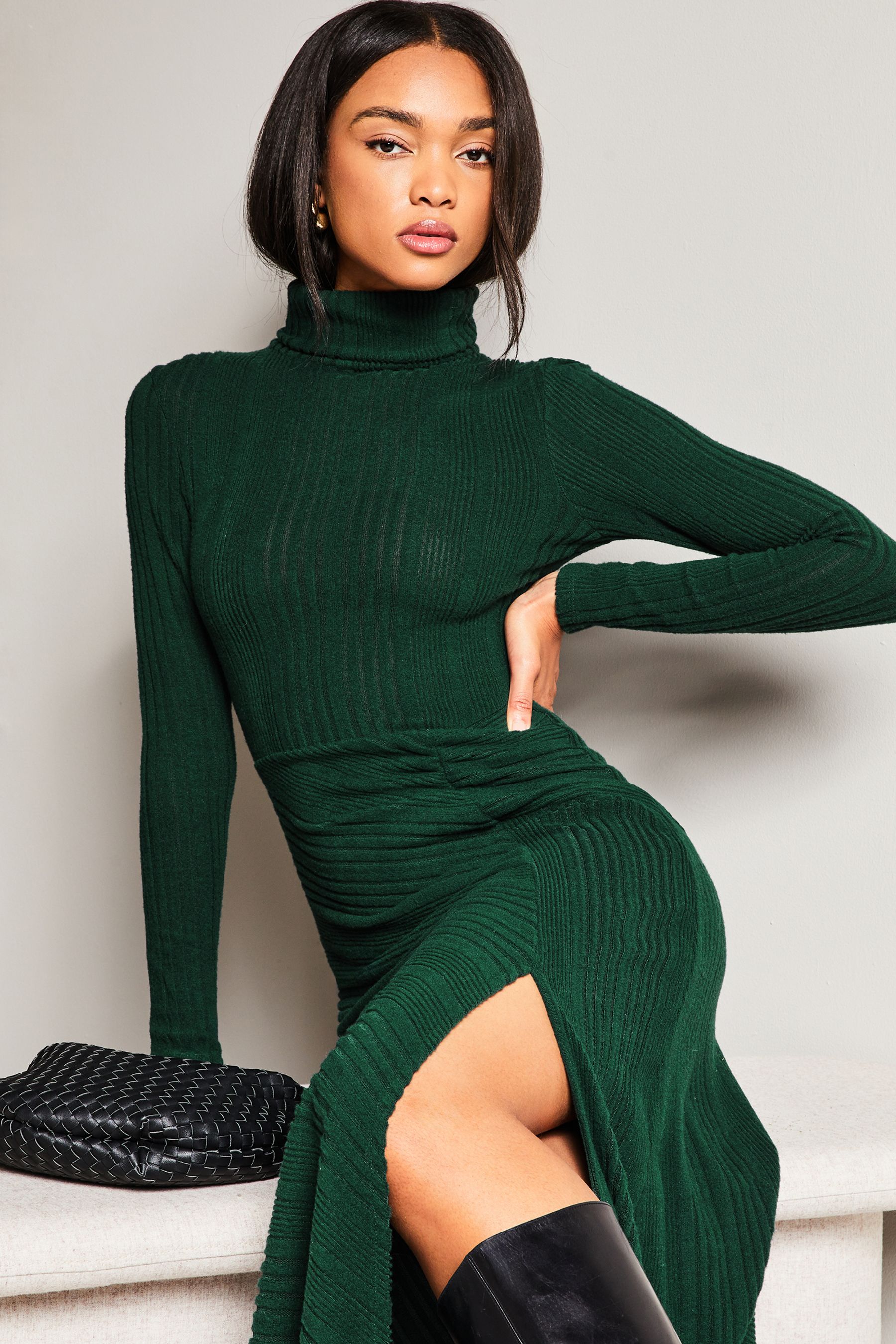 Buy Lipsy Green High Neck Ruched Detail Midi Jumper Dress from Next Luxembourg