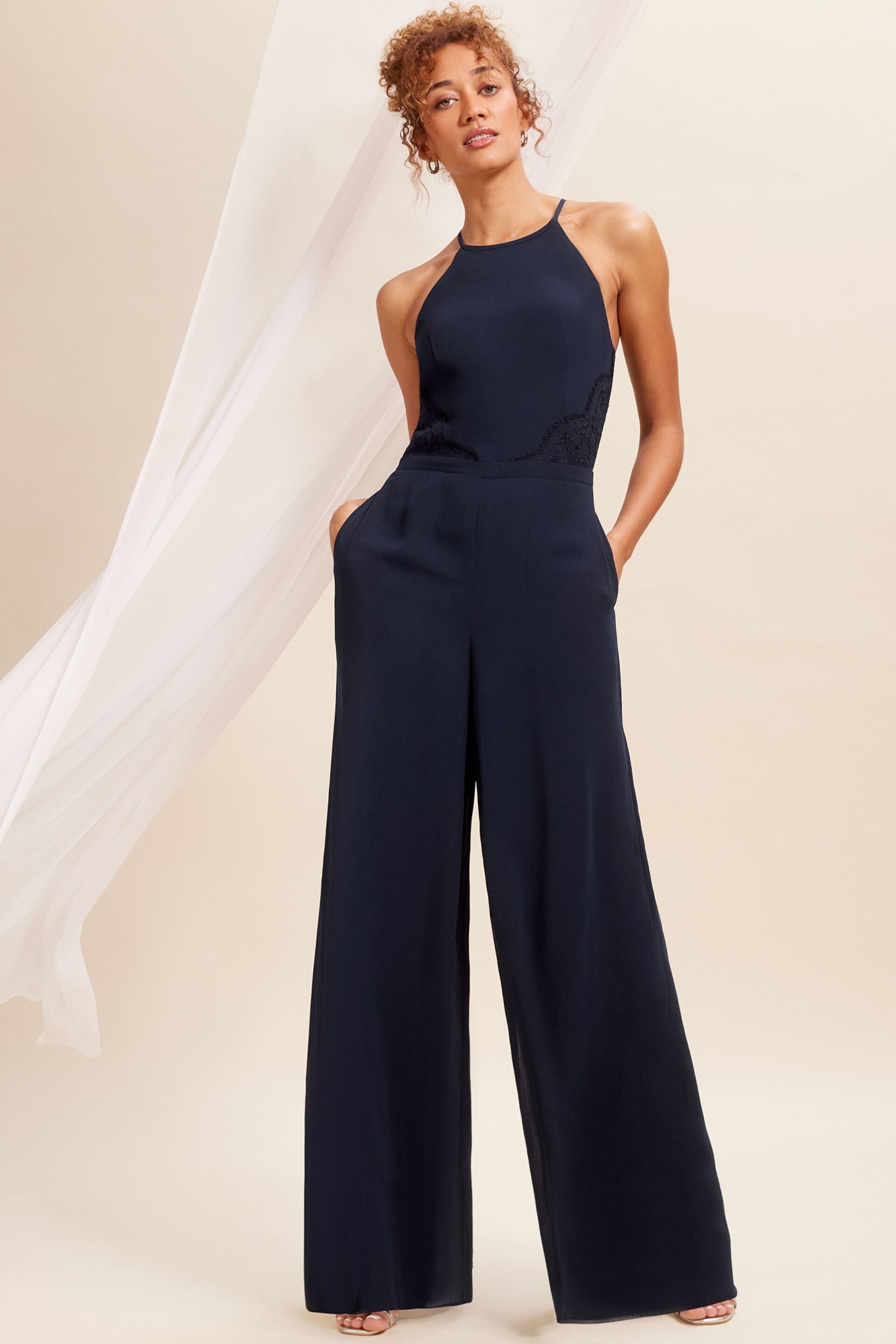 Love & Roses Navy Petite Lace Insert Bridesmaid Wide Leg Jumpsuit - Image 1 of 4