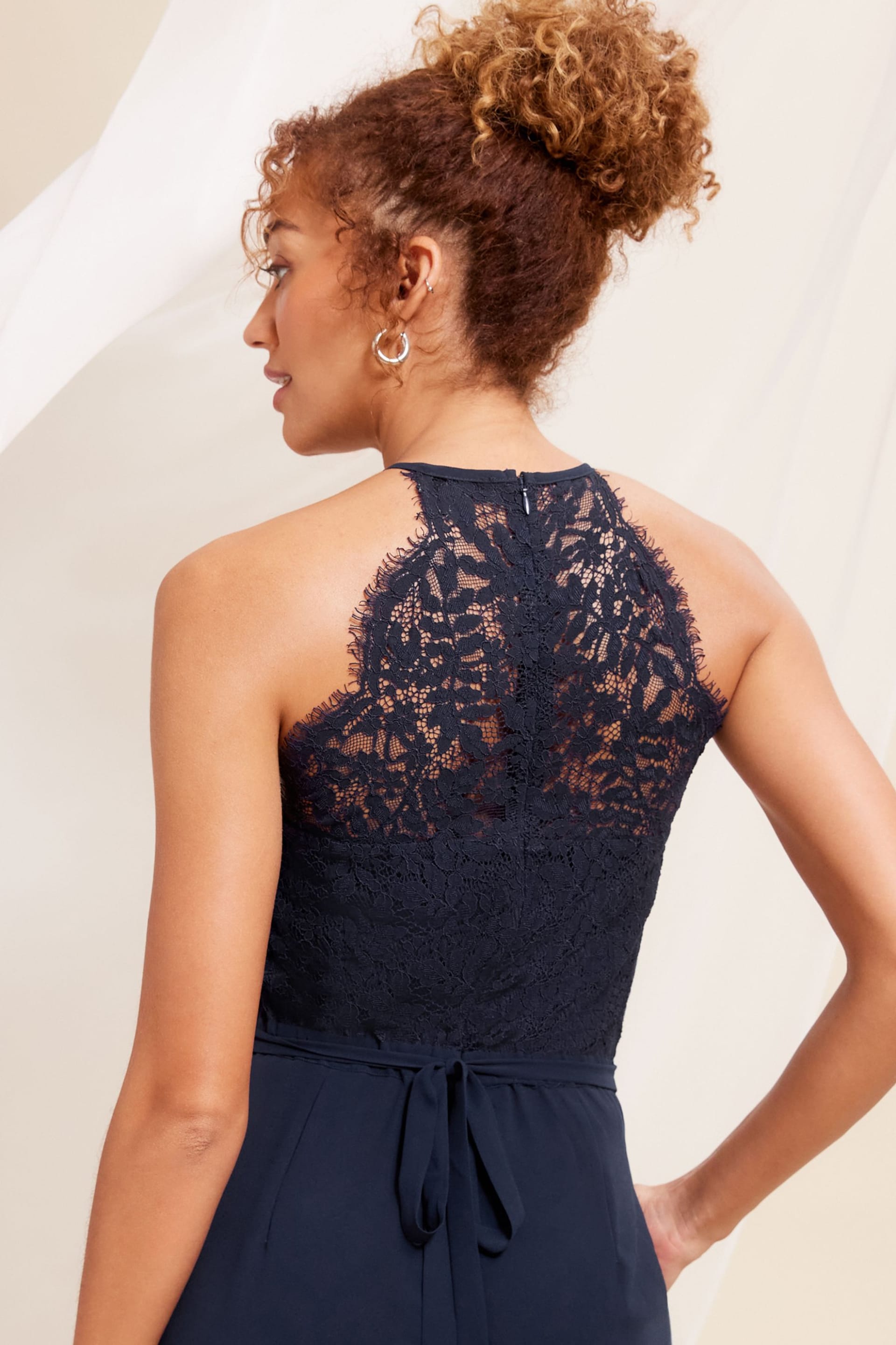 Love & Roses Navy Petite Lace Insert Bridesmaid Wide Leg Jumpsuit - Image 2 of 4