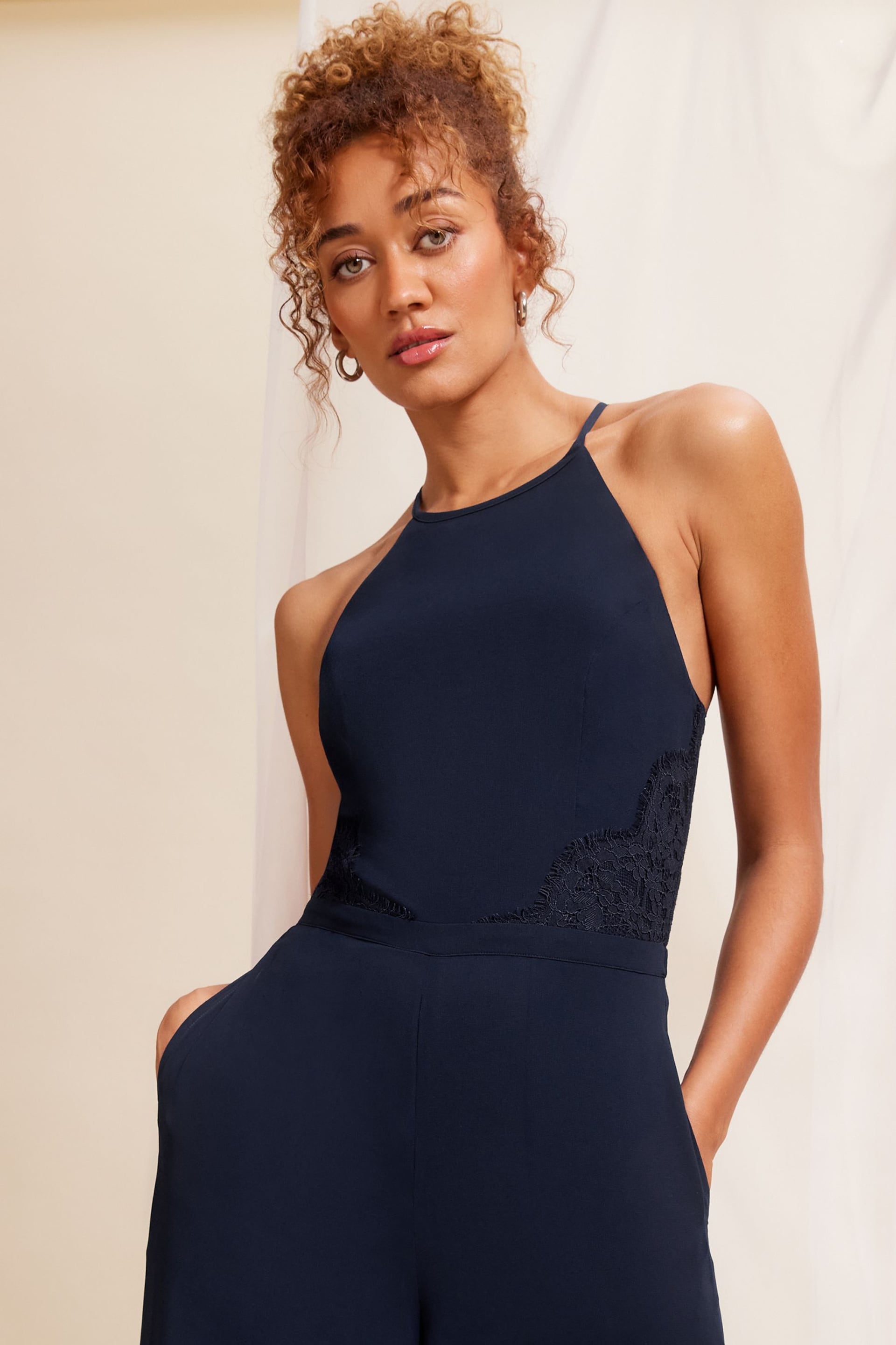 Love & Roses Navy Petite Lace Insert Bridesmaid Wide Leg Jumpsuit - Image 4 of 4