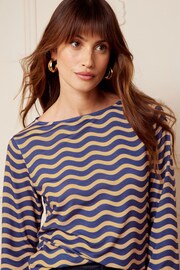 Love & Roses Navy Blue and Camel Wave Stripe 3/4 Sleeve Boat Neck T-Shirt - Image 2 of 4