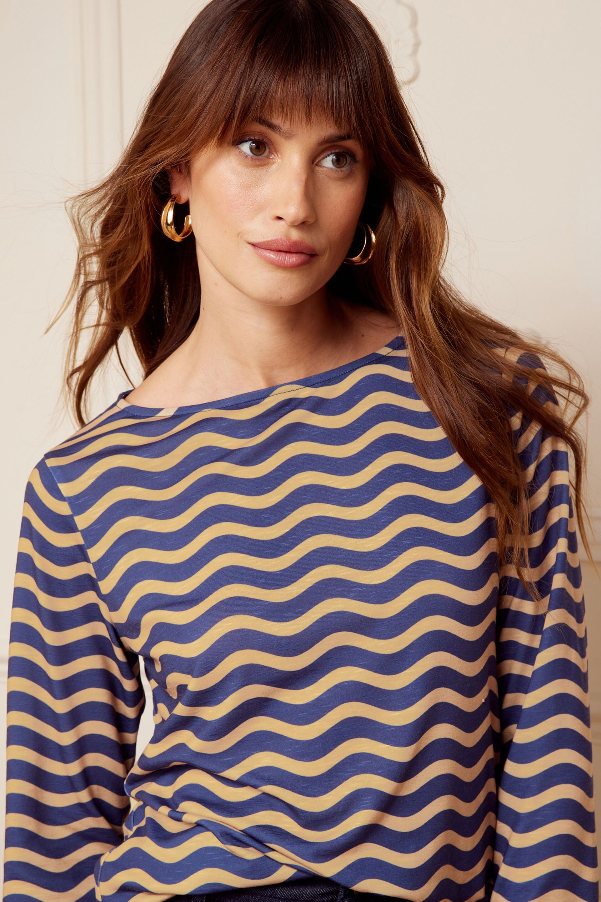Love & Roses Navy Blue and Camel Wave Stripe 3/4 Sleeve Boat Neck T-Shirt - Image 2 of 4