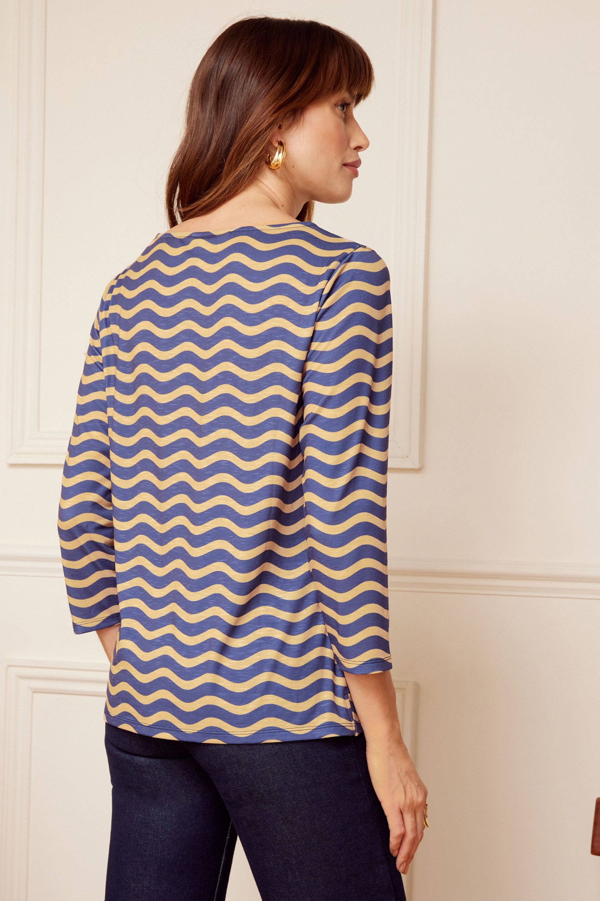 Love & Roses Navy Blue and Camel Wave Stripe 3/4 Sleeve Boat Neck T-Shirt - Image 3 of 4