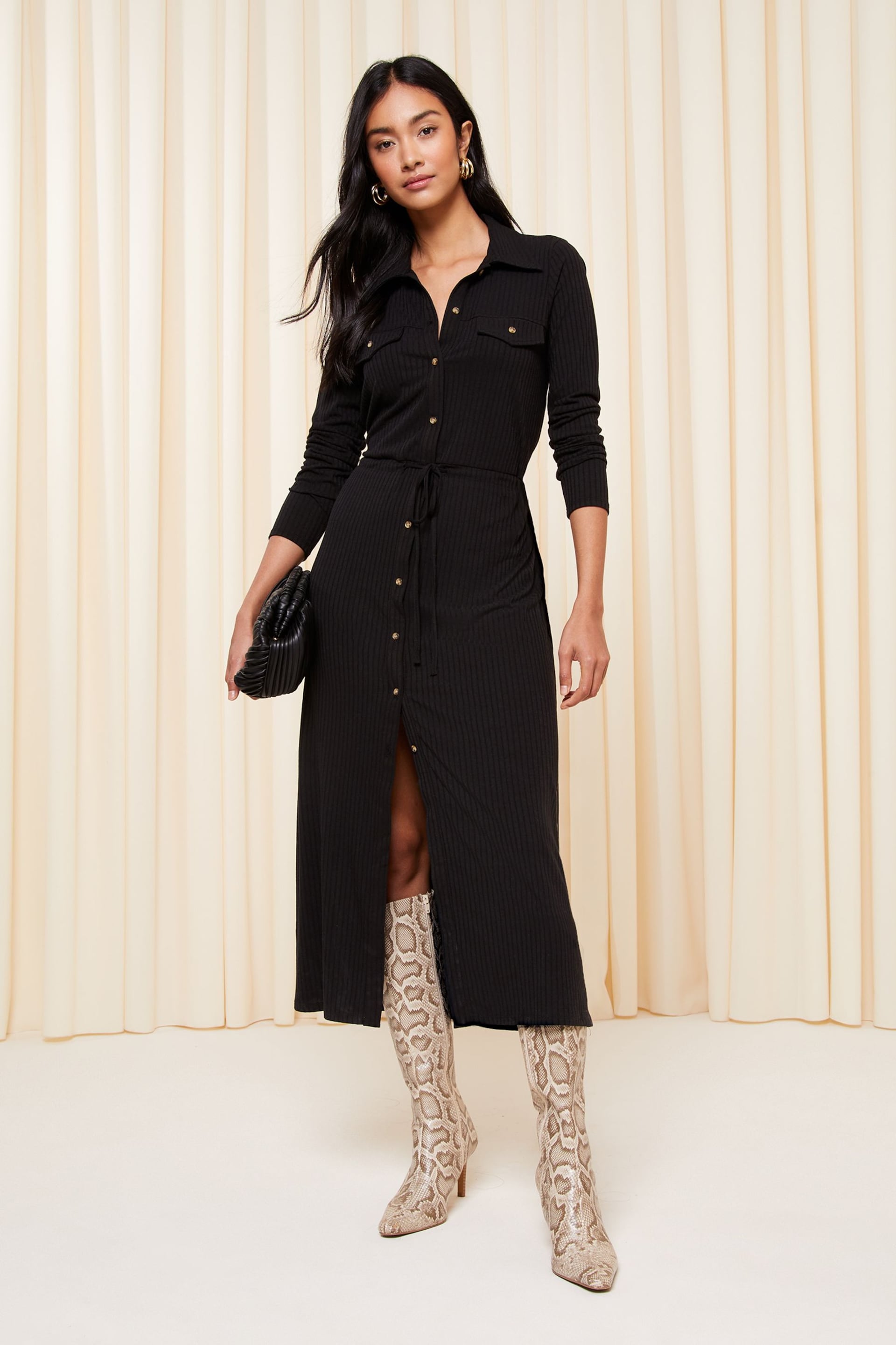 Friends Like These Black Petite Belted Textured Long Sleeve Midi Shirt Dress - Image 1 of 4