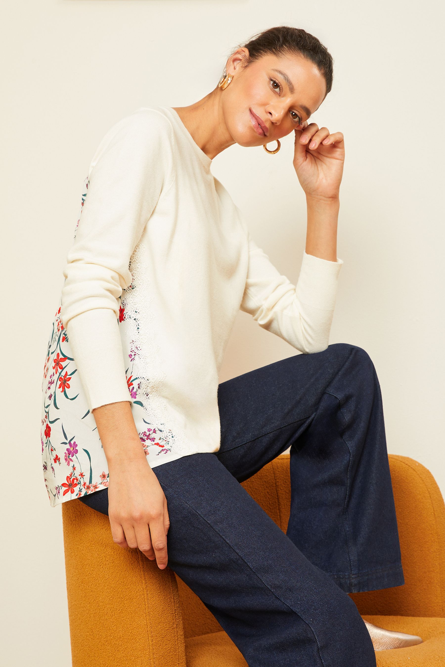 Buy Love Roses Cream Woven Lace Knitted Jumper from Next Luxembourg