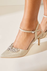 Lipsy Gold Bloom Embellished Trim Mid Heeled Court Shoe - Image 2 of 4