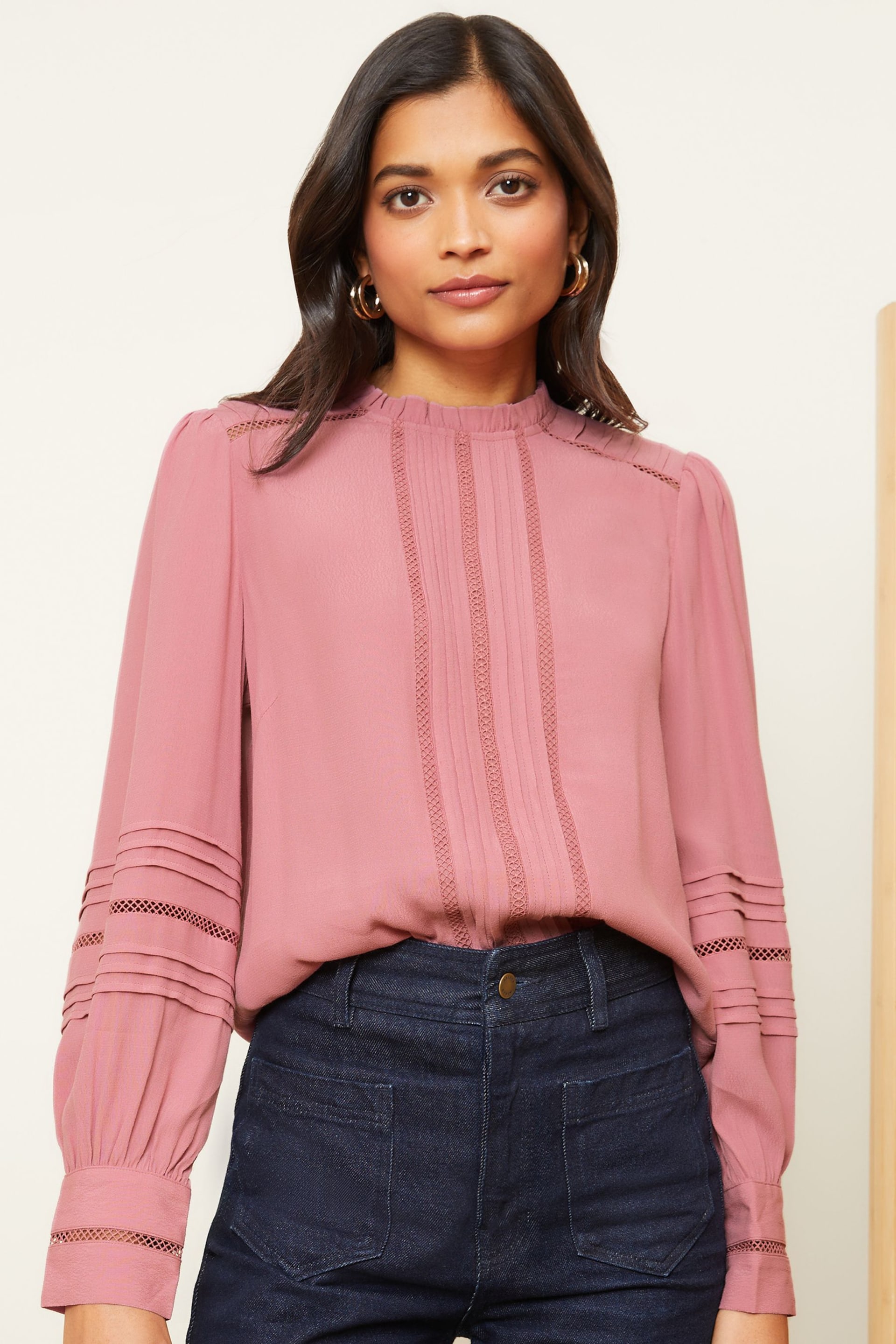 Love & Roses Rose Pink Long Sleeve Blouse With Central Pintuck Details - Image 1 of 4