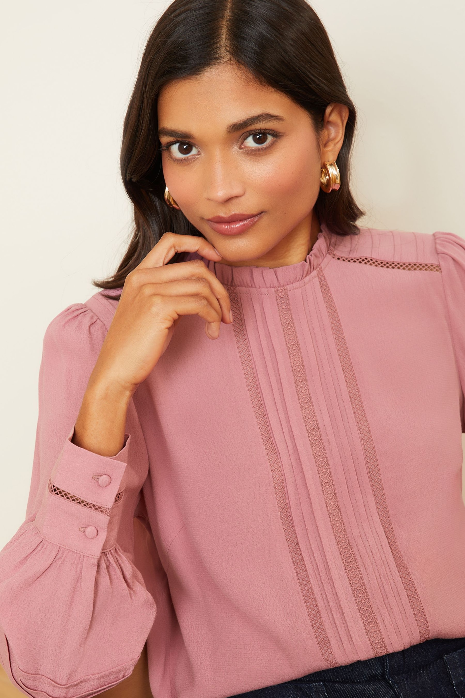 Love & Roses Rose Pink Long Sleeve Blouse With Central Pintuck Details - Image 2 of 4