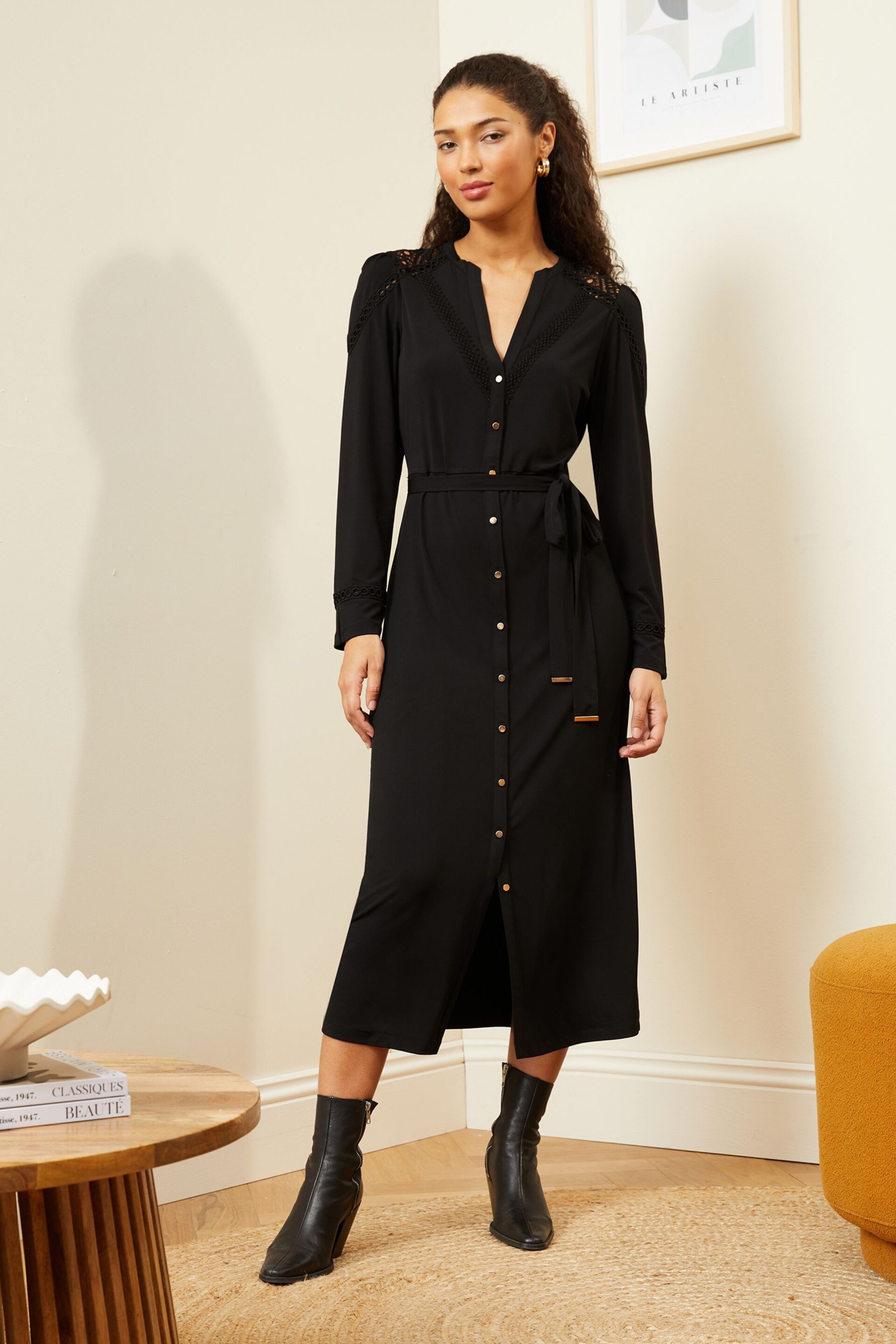 Love & Roses Black Button Through Belted Lace Insert Jersey Midi Dress - Image 1 of 4