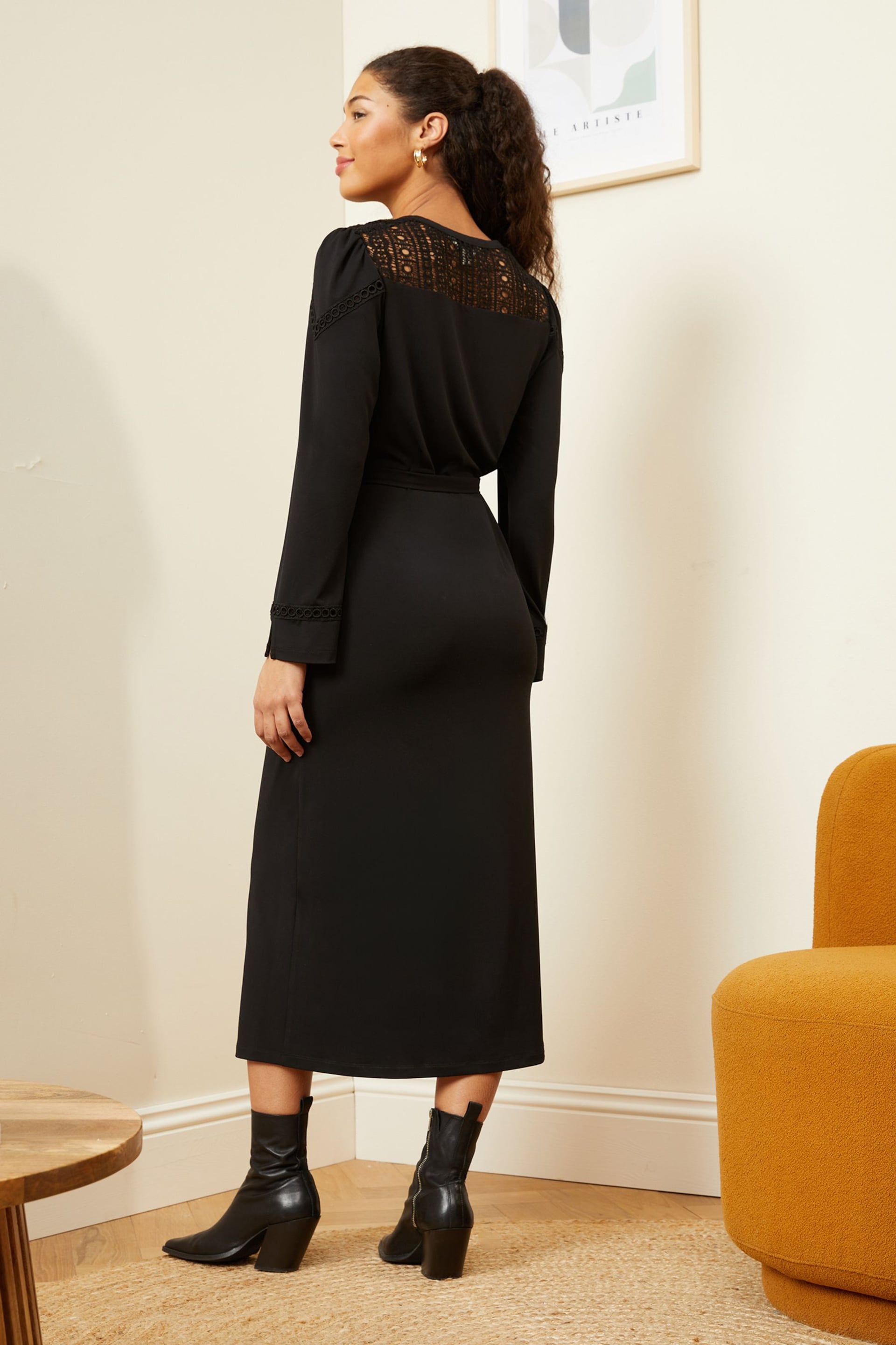 Love & Roses Black Button Through Belted Lace Insert Jersey Midi Dress - Image 3 of 4