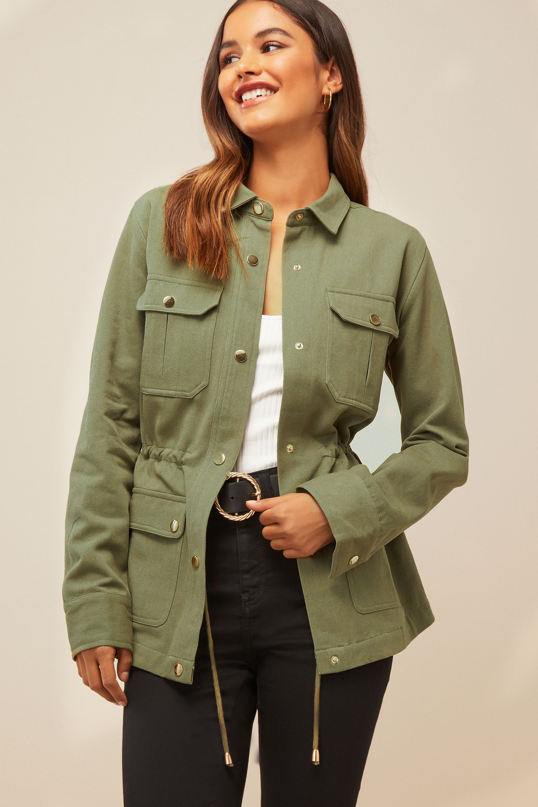 Friends Like These Khaki Green Petite Utility Pocket Button Through Jacket 14 Womens